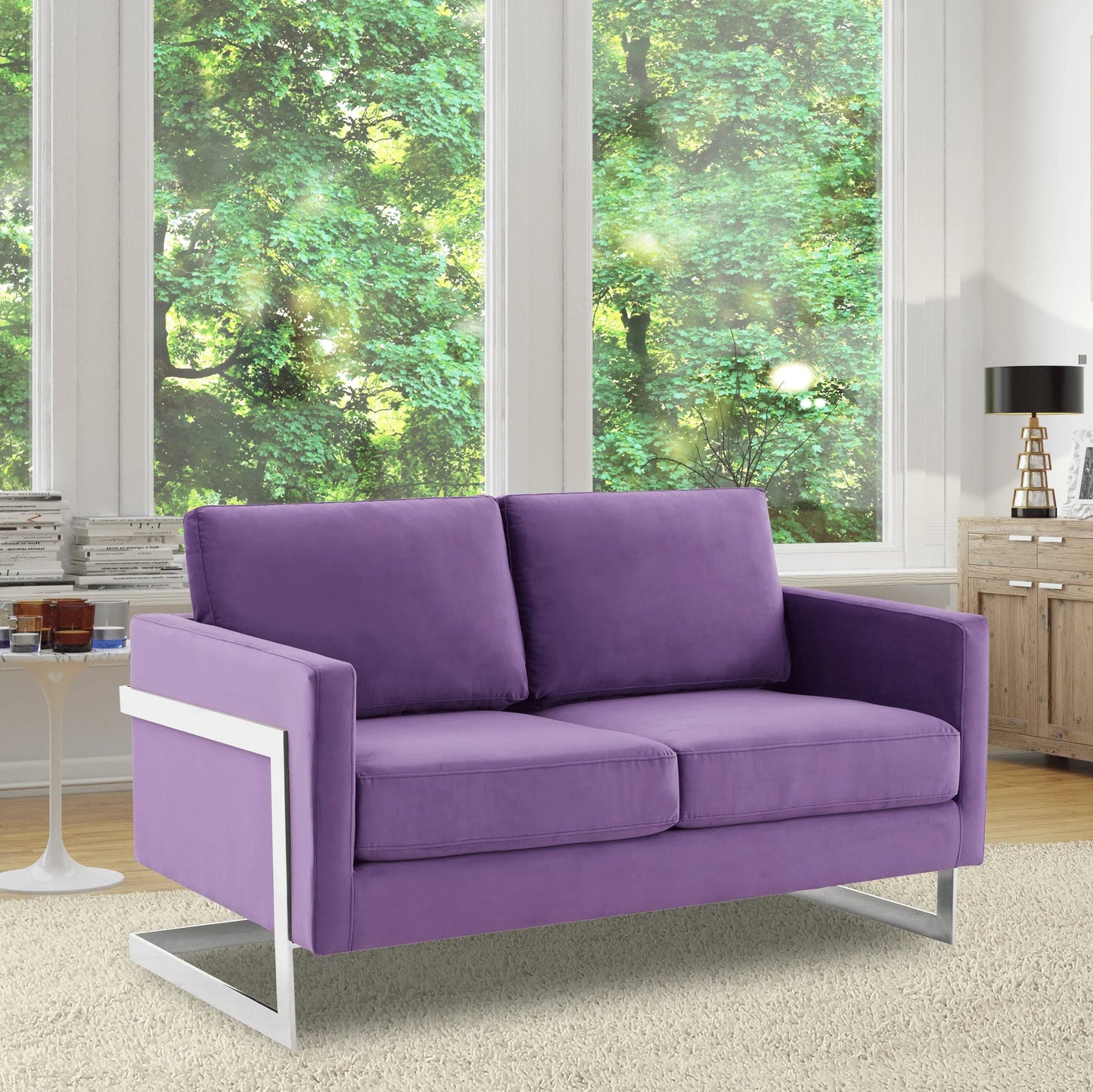 Lincoln Velvet Loveseat Sofa with Removable Cushions and Chromed Stainless Steel Frame - Elax Furniture