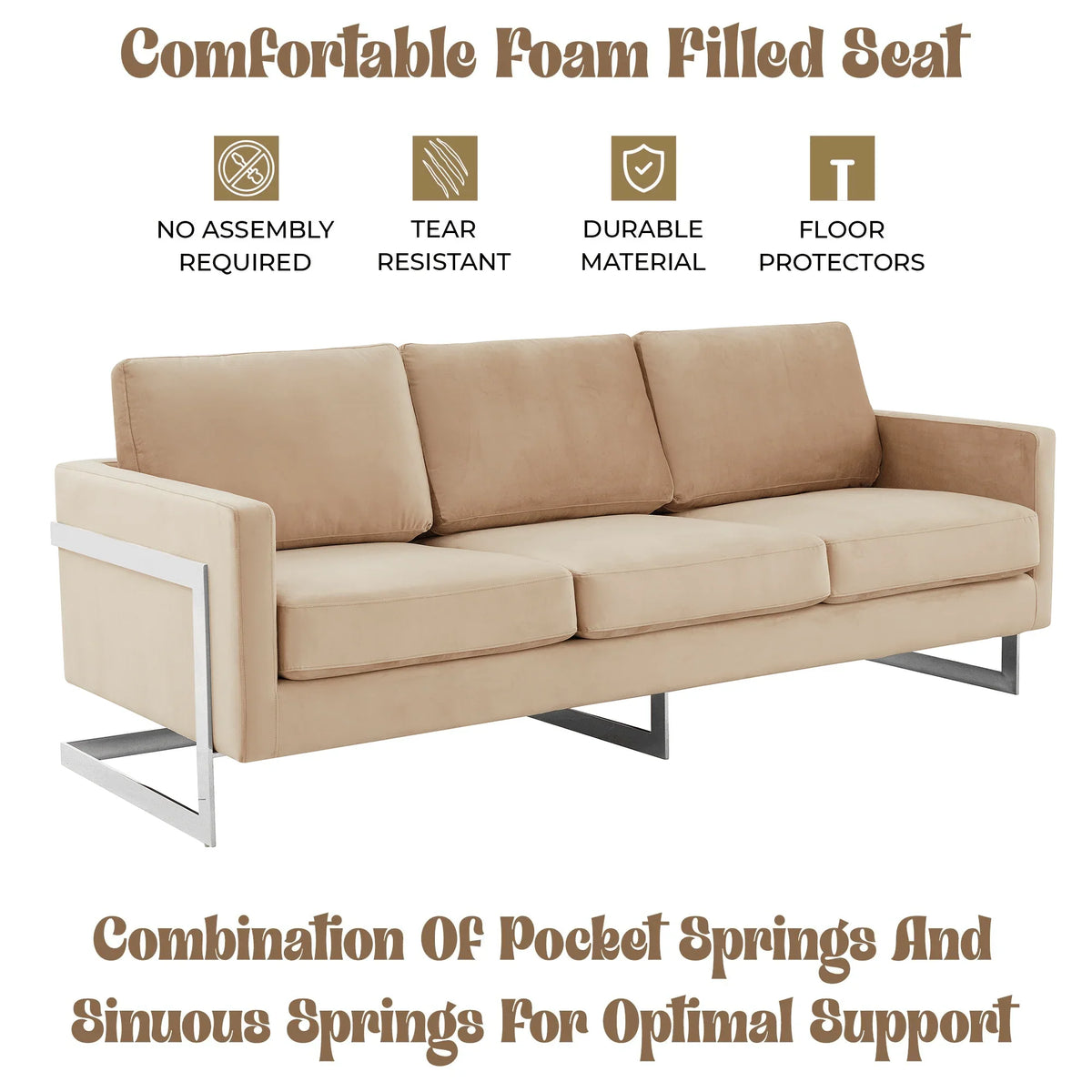 Lincoln 3-Seater Sofa Upholstered in Velvet Fabric with Chrome Stainless Steel Frame - Elax Furniture