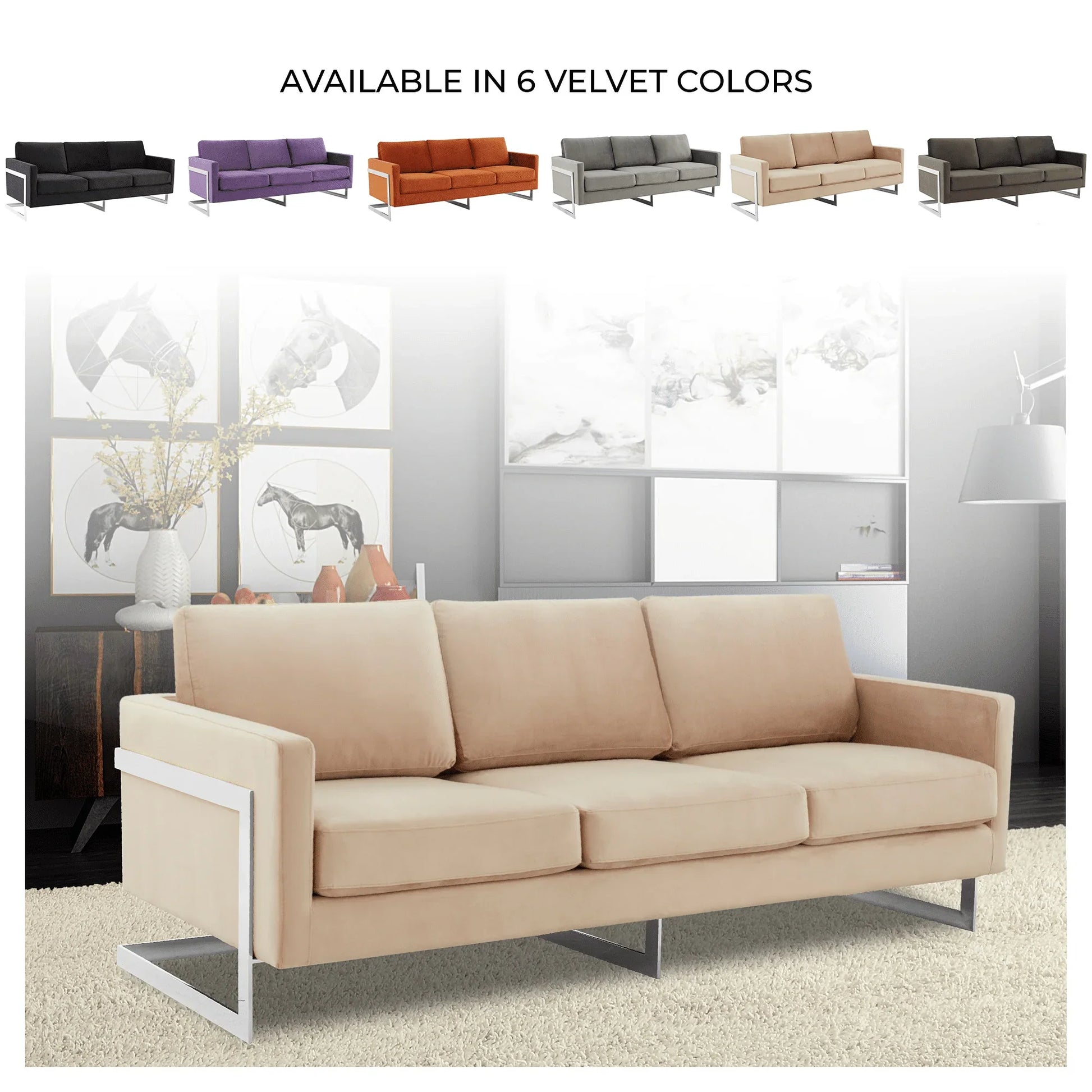 Lincoln 3-Seater Sofa Upholstered in Velvet Fabric with Chrome Stainless Steel Frame - Elax Furniture