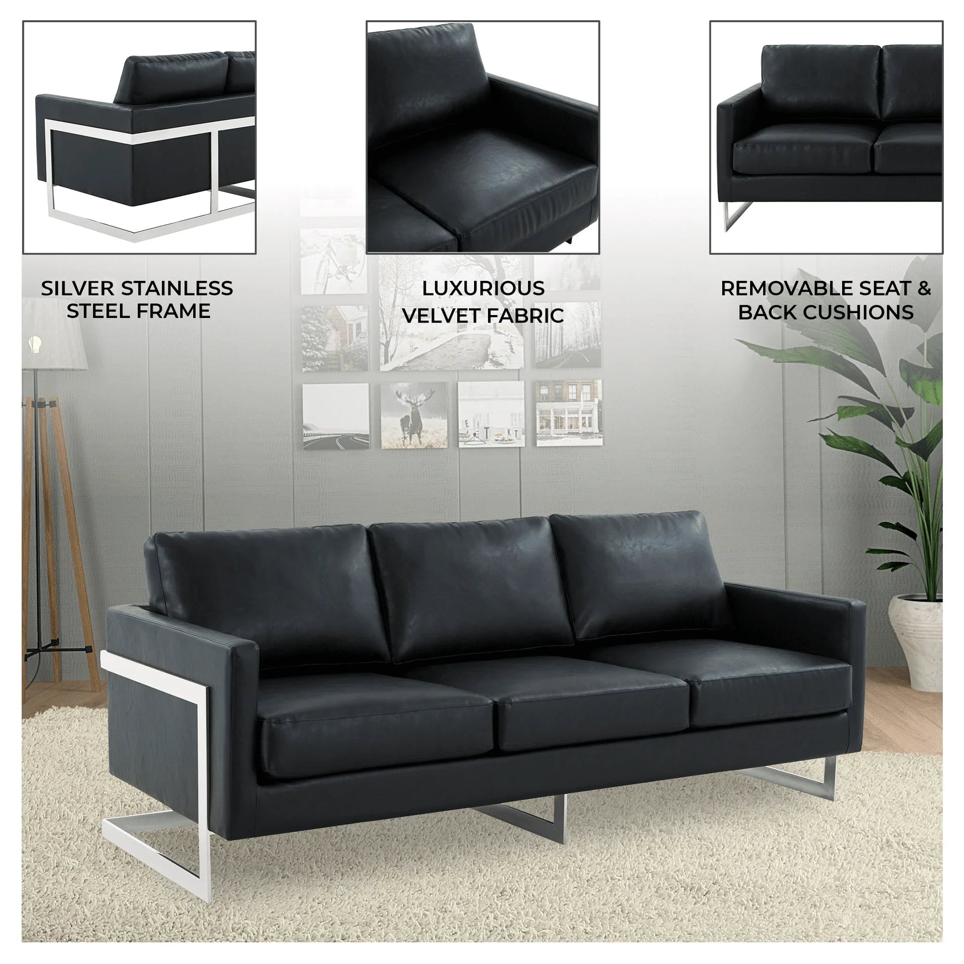 Lincoln 3-Seater Sofa Upholstered in Leather with Chrome Stainless Steel Frame - Elax Furniture