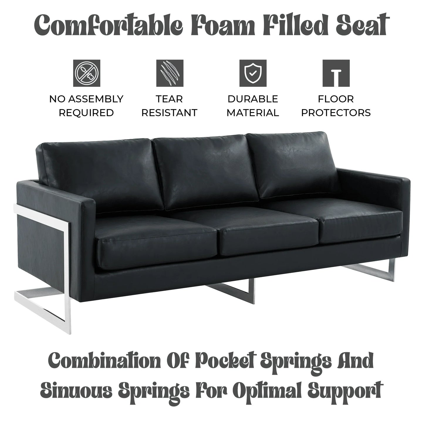 Lincoln 3-Seater Sofa Upholstered in Leather with Chrome Stainless Steel Frame - Elax Furniture