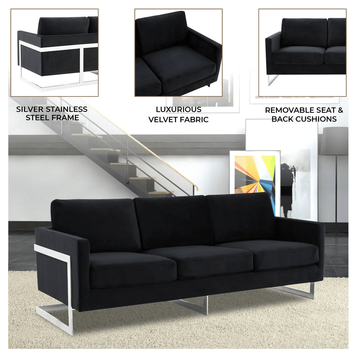 Lincoln 3-Seater Sofa Upholstered in Velvet Fabric with Chrome Stainless Steel Frame - Elax Furniture