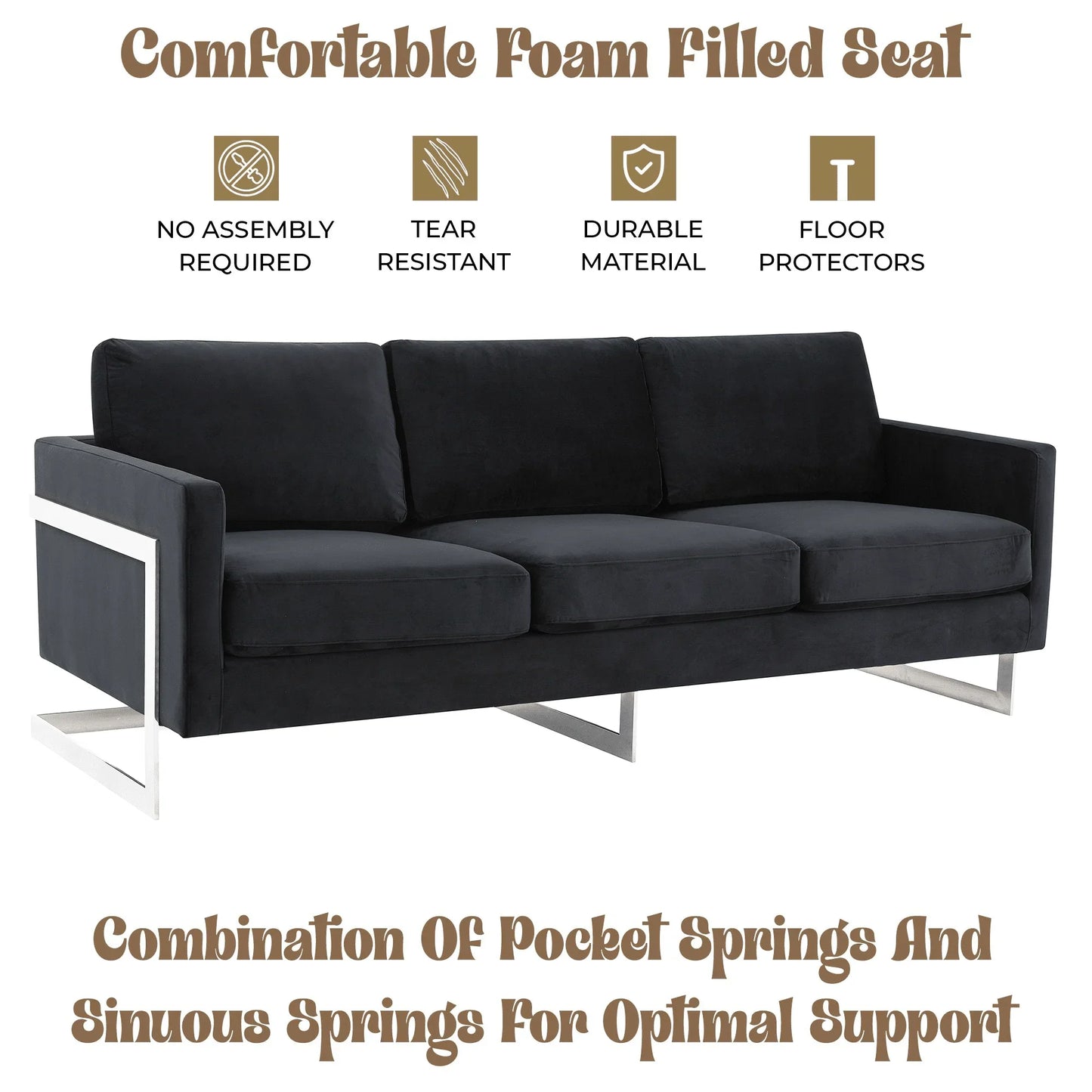 Lincoln 3-Seater Sofa Upholstered in Velvet Fabric with Chrome Stainless Steel Frame - Elax Furniture