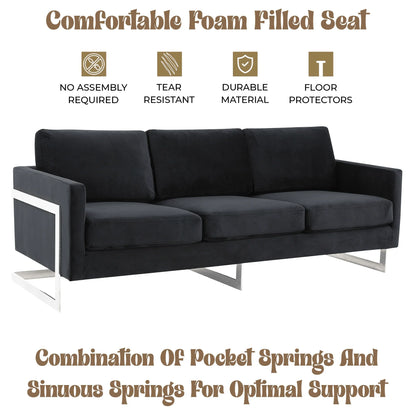Lincoln 3-Seater Sofa Upholstered in Velvet Fabric with Chrome Stainless Steel Frame - Elax Furniture