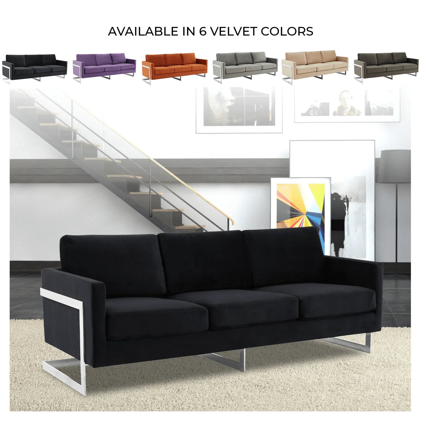 Lincoln 3-Seater Sofa Upholstered in Velvet Fabric with Chrome Stainless Steel Frame - Elax Furniture