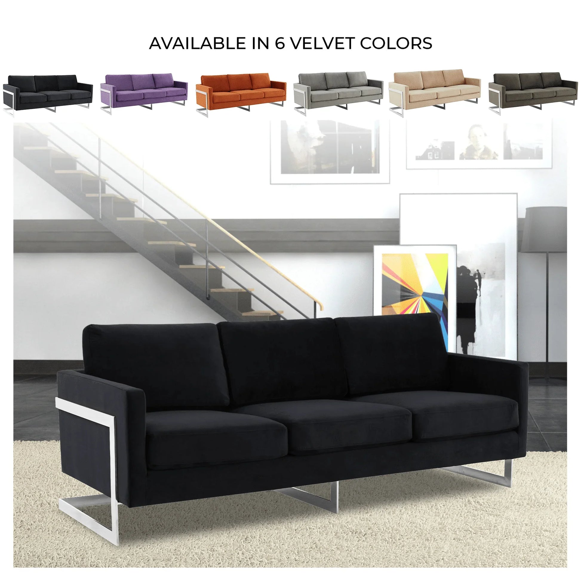 Lincoln 3-Seater Sofa Upholstered in Velvet Fabric with Chrome Stainless Steel Frame - Elax Furniture