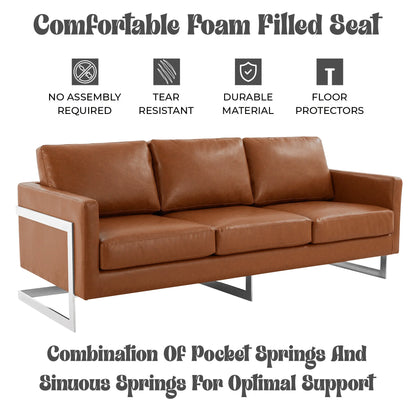 Lincoln 3-Seater Sofa Upholstered in Leather with Chrome Stainless Steel Frame - Elax Furniture