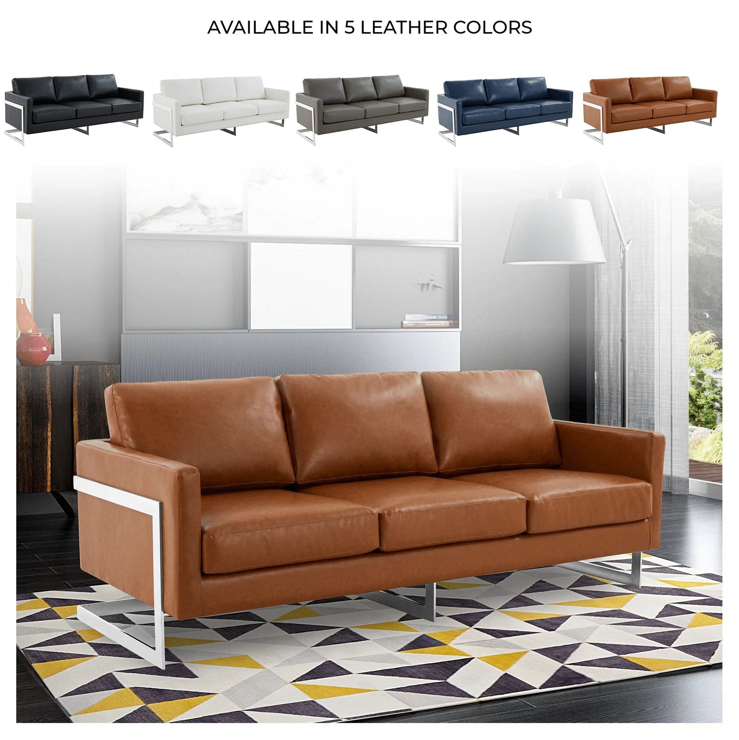 Lincoln 3-Seater Sofa Upholstered in Leather with Chrome Stainless Steel Frame - Elax Furniture
