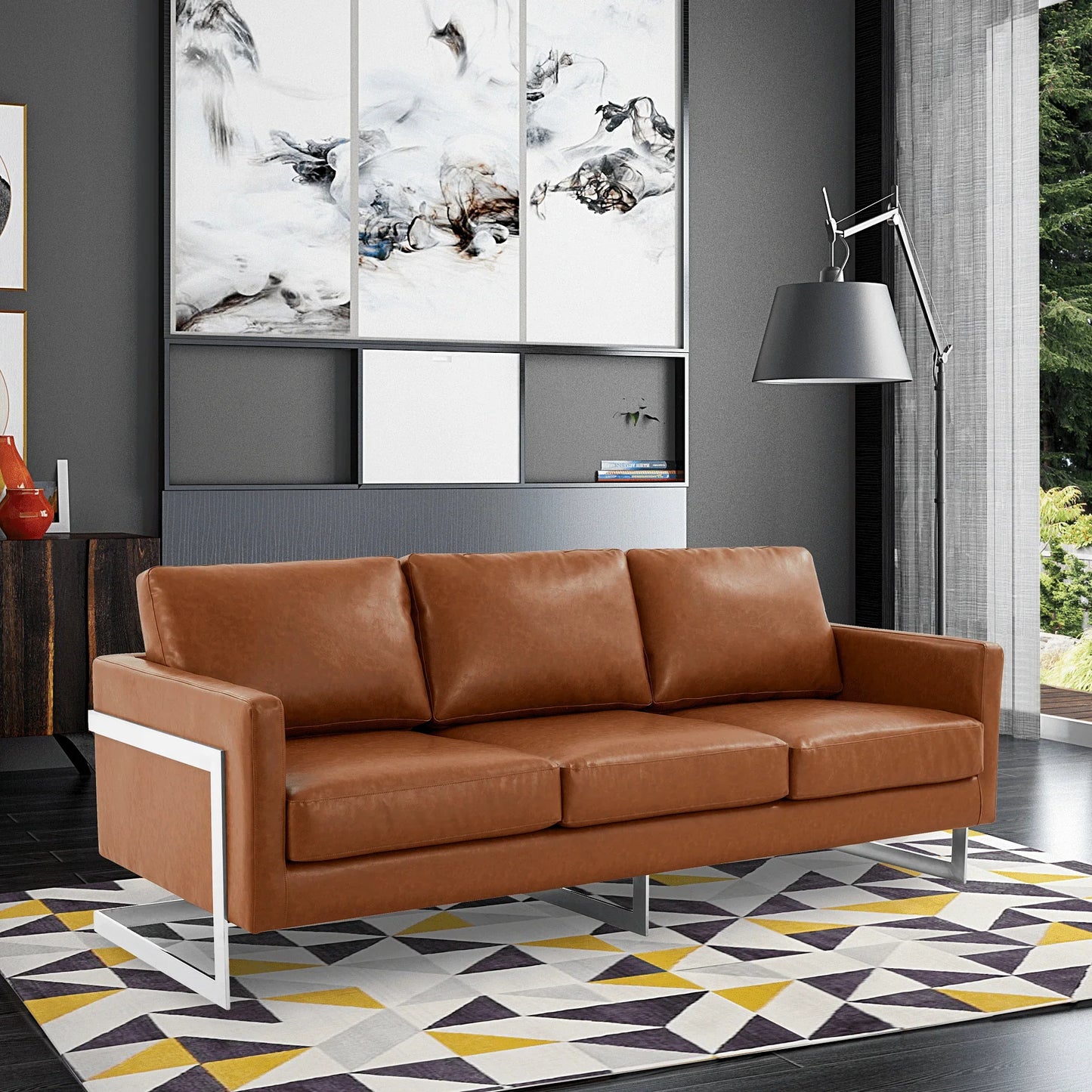 Lincoln 3-Seater Sofa Upholstered in Leather with Chrome Stainless Steel Frame - Elax Furniture