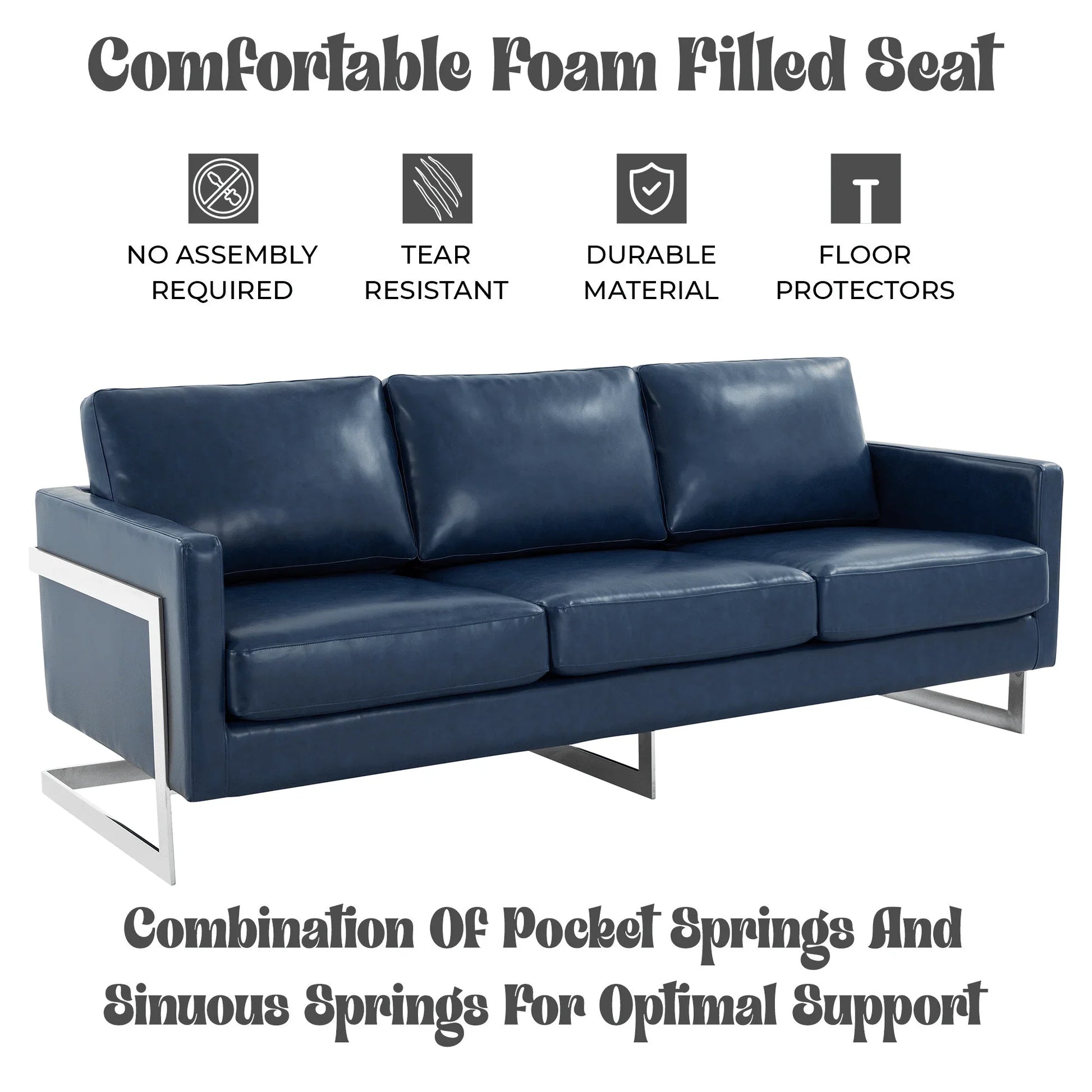 Lincoln 3-Seater Sofa Upholstered in Leather with Chrome Stainless Steel Frame - Elax Furniture