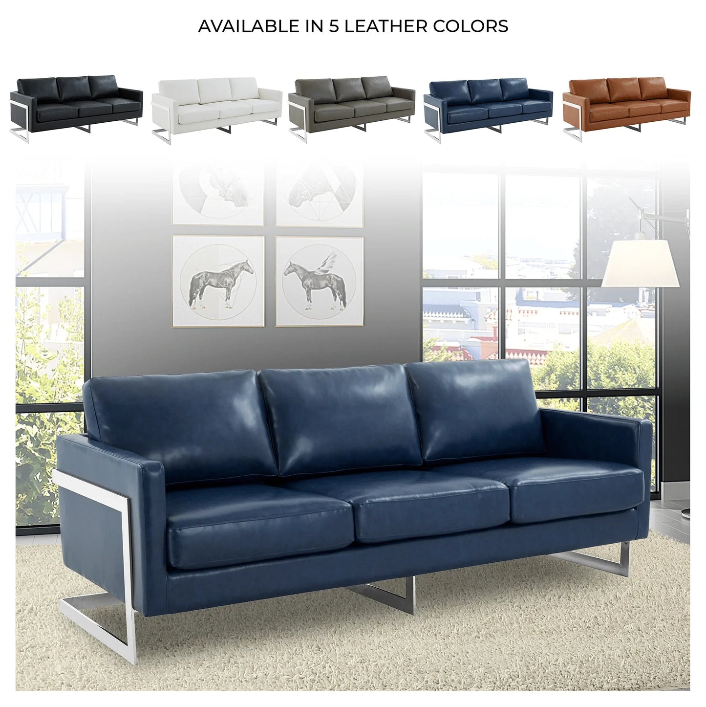 Lincoln 3-Seater Sofa Upholstered in Leather with Chrome Stainless Steel Frame - Elax Furniture