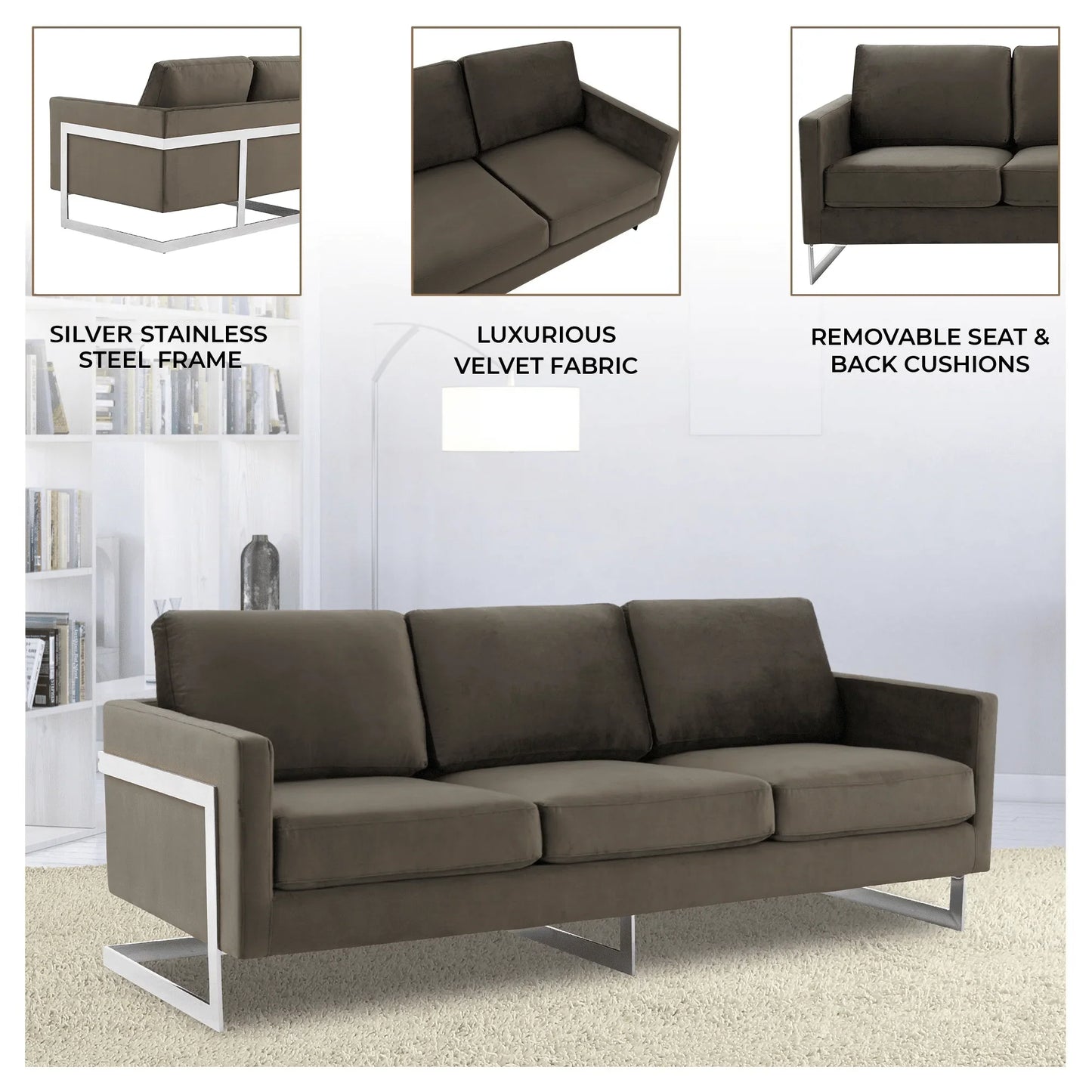 Lincoln 3-Seater Sofa Upholstered in Velvet Fabric with Chrome Stainless Steel Frame - Elax Furniture