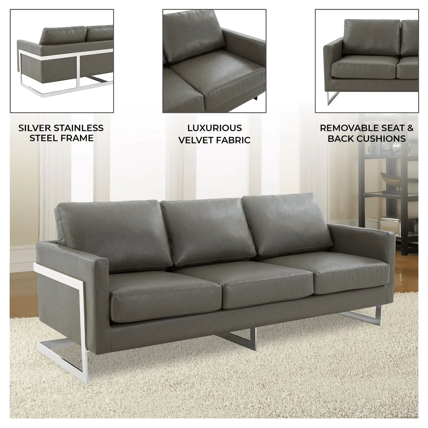 Lincoln 3-Seater Sofa Upholstered in Leather with Chrome Stainless Steel Frame - Elax Furniture