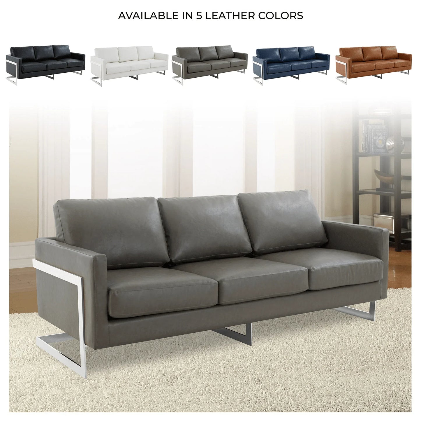Lincoln 3-Seater Sofa Upholstered in Leather with Chrome Stainless Steel Frame - Elax Furniture