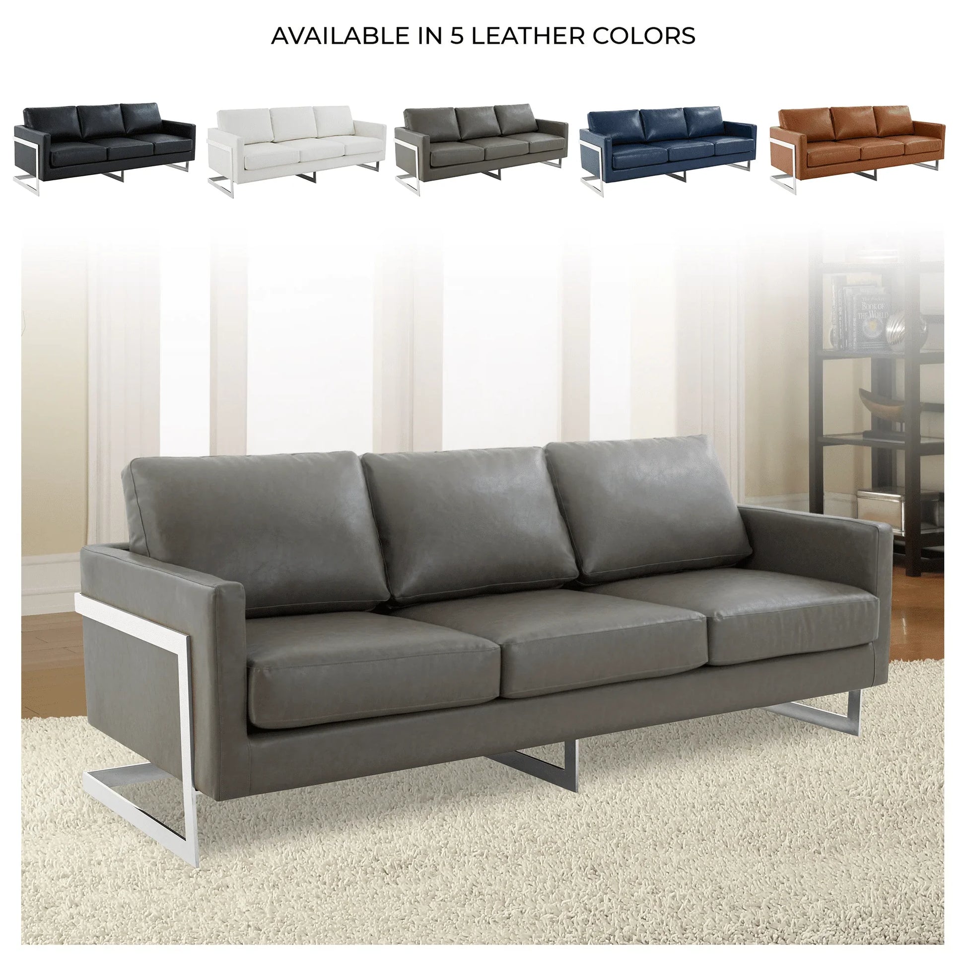 Lincoln 3-Seater Sofa Upholstered in Leather with Chrome Stainless Steel Frame - Elax Furniture