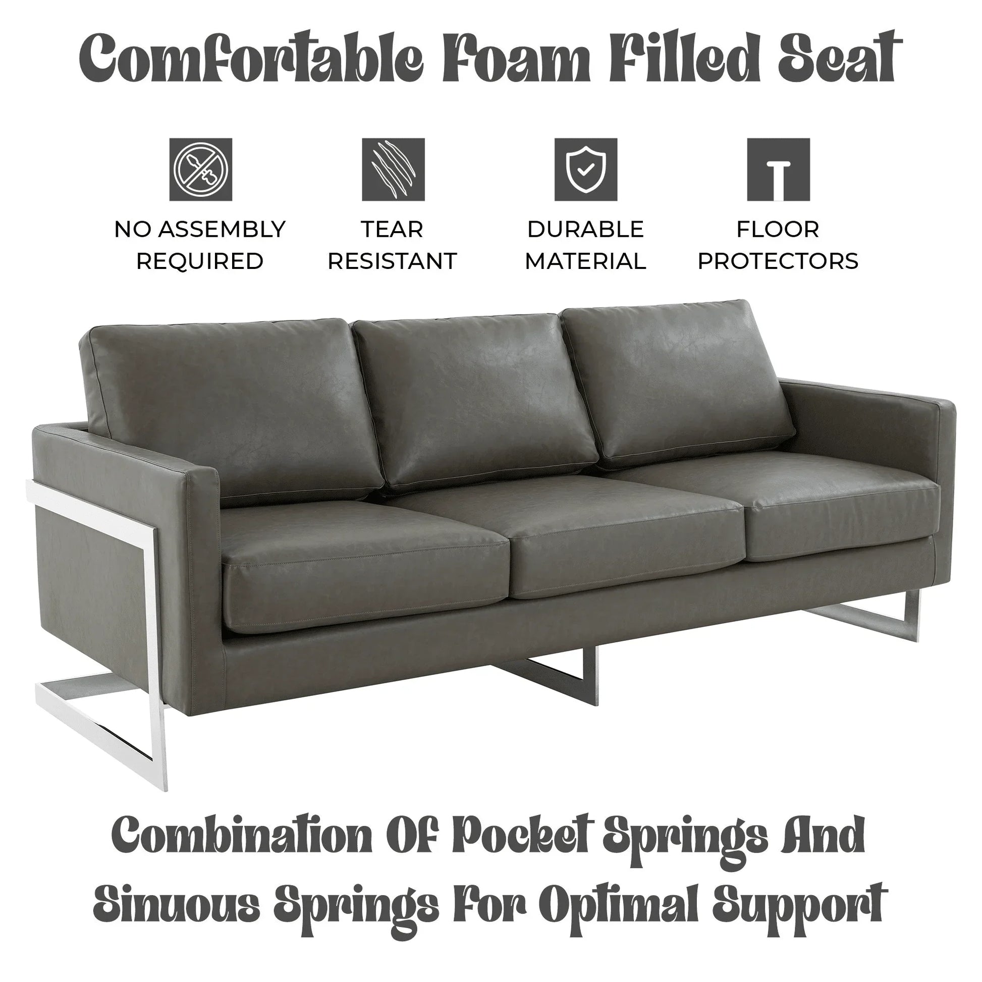 Lincoln 3-Seater Sofa Upholstered in Leather with Chrome Stainless Steel Frame - Elax Furniture
