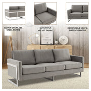 Lincoln 3-Seater Sofa Upholstered in Velvet Fabric with Chrome Stainless Steel Frame - Elax Furniture