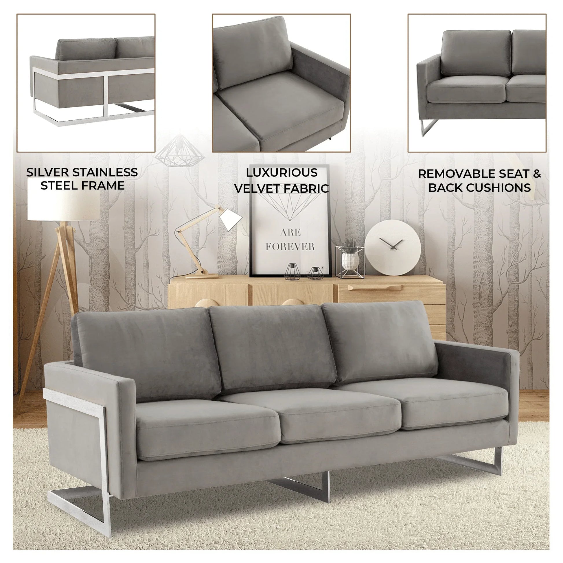 Lincoln 3-Seater Sofa Upholstered in Velvet Fabric with Chrome Stainless Steel Frame - Elax Furniture