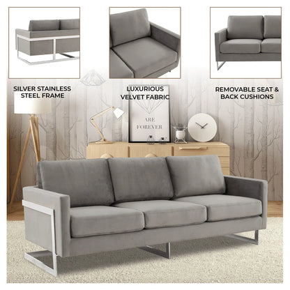 Lincoln 3-Seater Sofa Upholstered in Velvet Fabric with Chrome Stainless Steel Frame - Elax Furniture
