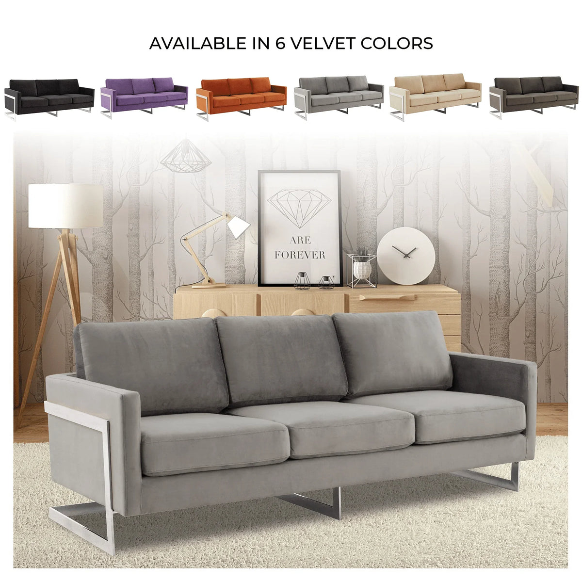 Lincoln 3-Seater Sofa Upholstered in Velvet Fabric with Chrome Stainless Steel Frame - Elax Furniture