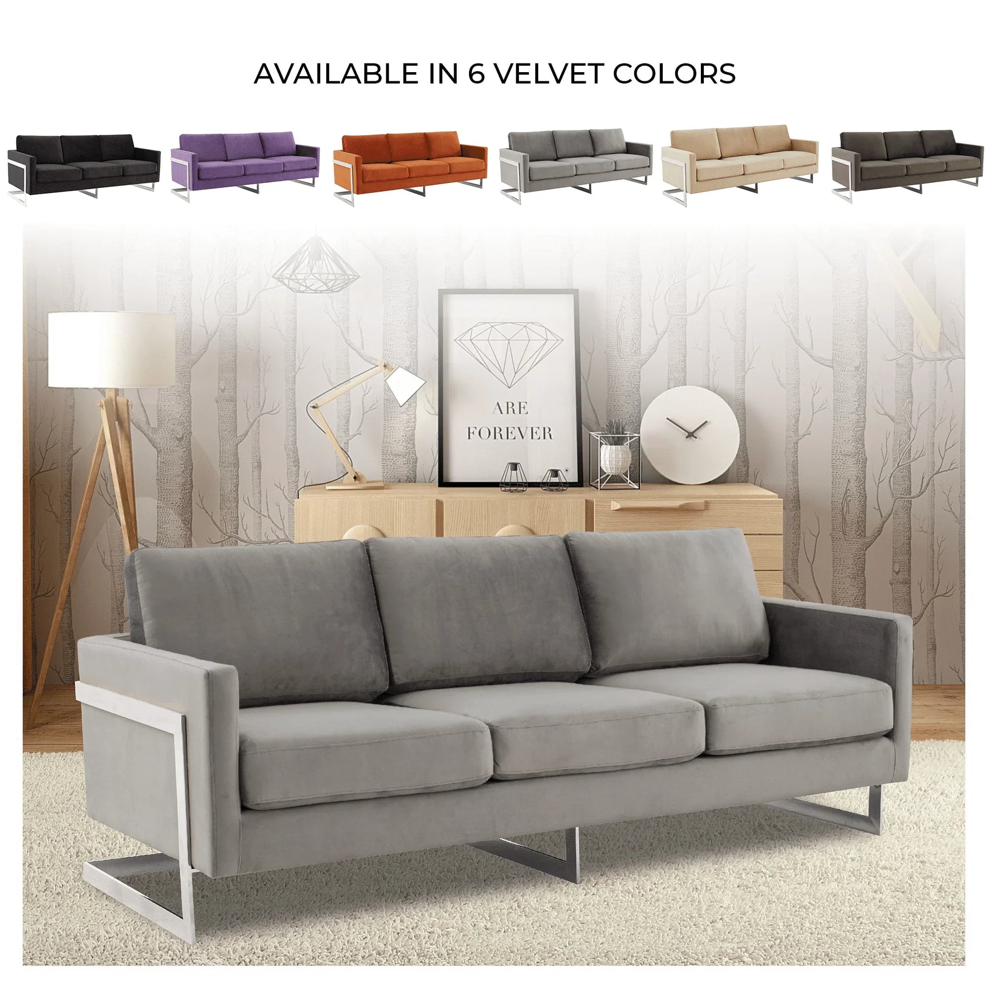 Lincoln 3-Seater Sofa Upholstered in Velvet Fabric with Chrome Stainless Steel Frame - Elax Furniture