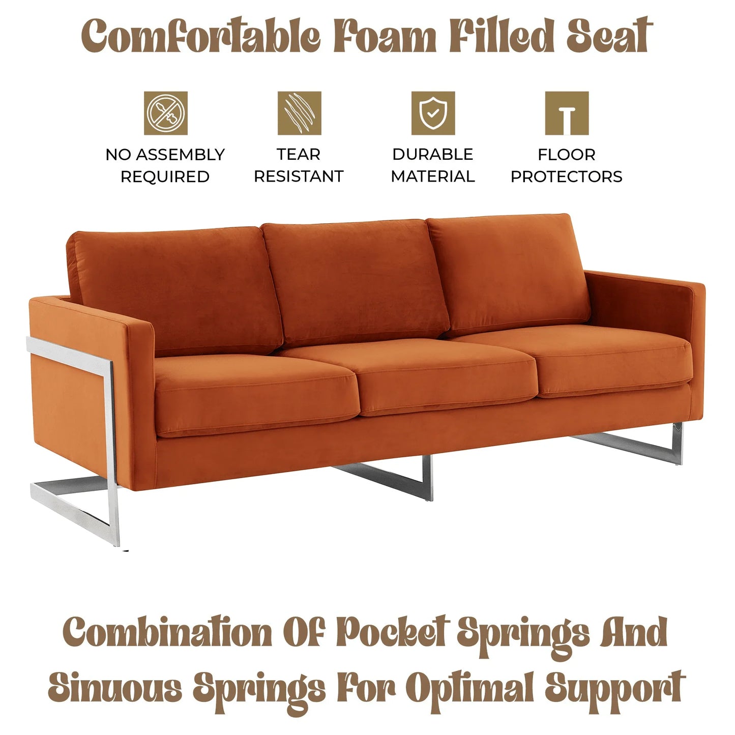 Lincoln 3-Seater Sofa Upholstered in Velvet Fabric with Chrome Stainless Steel Frame - Elax Furniture