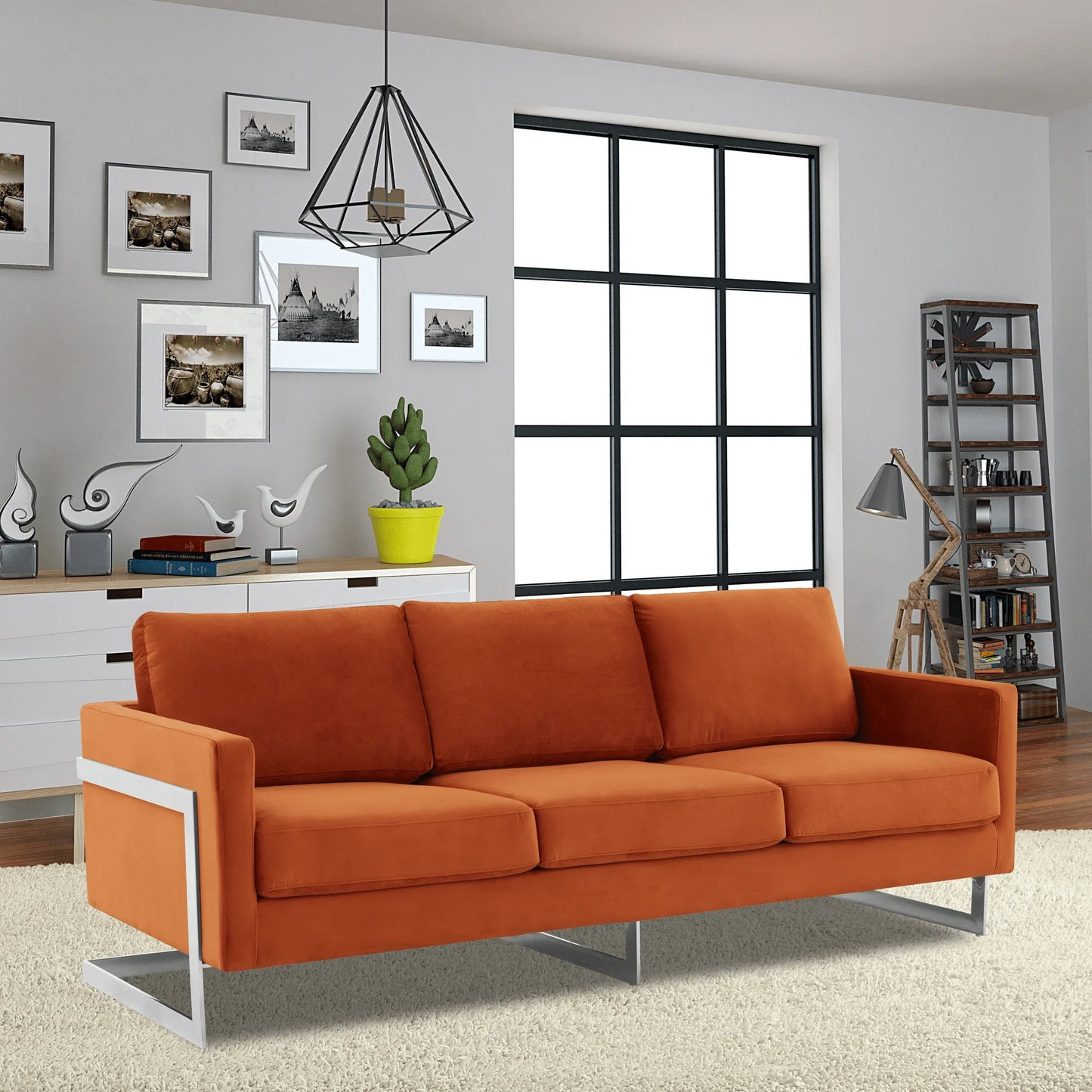 Lincoln 3-Seater Sofa Upholstered in Velvet Fabric with Chrome Stainless Steel Frame - Elax Furniture