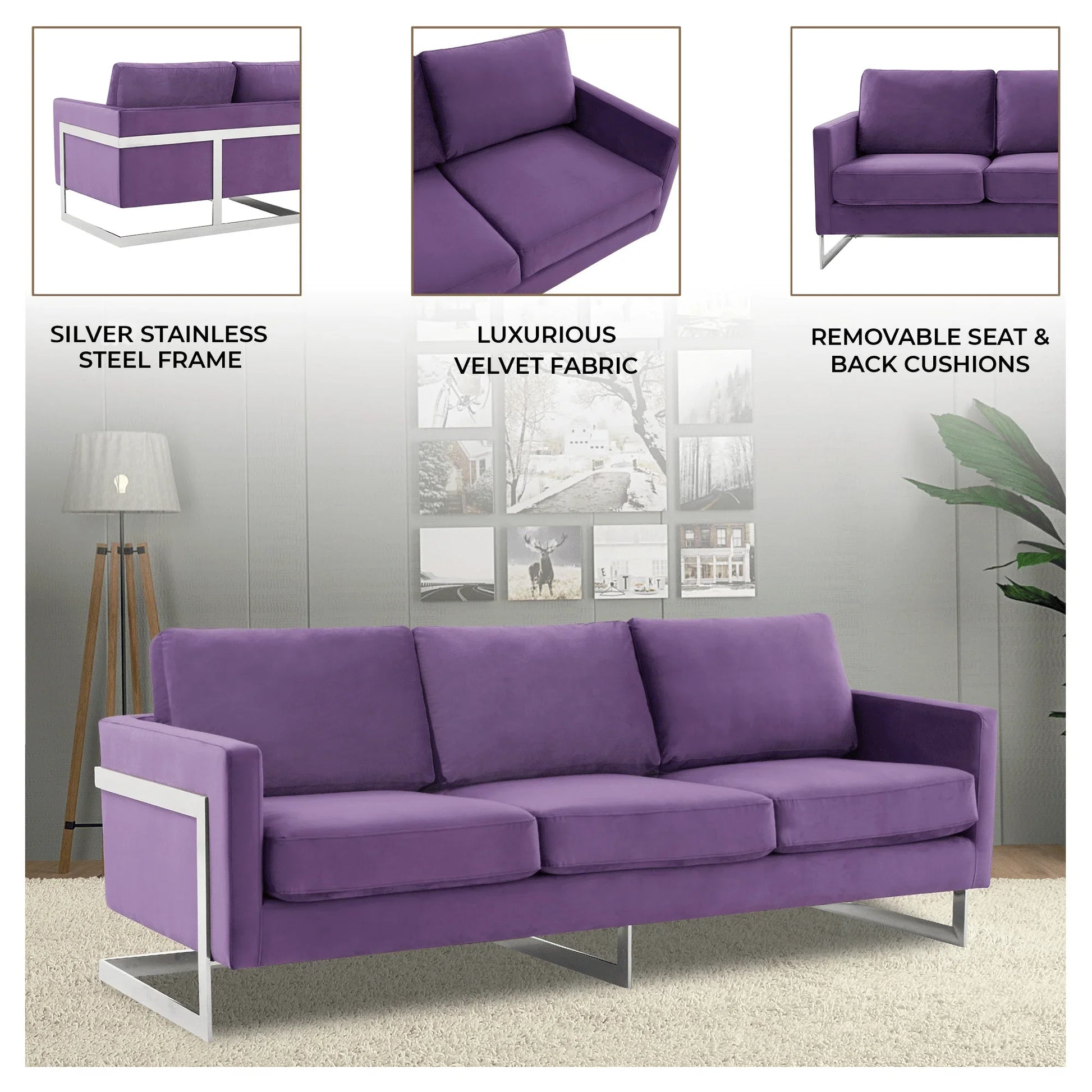 Lincoln 3-Seater Sofa Upholstered in Velvet Fabric with Chrome Stainless Steel Frame - Elax Furniture