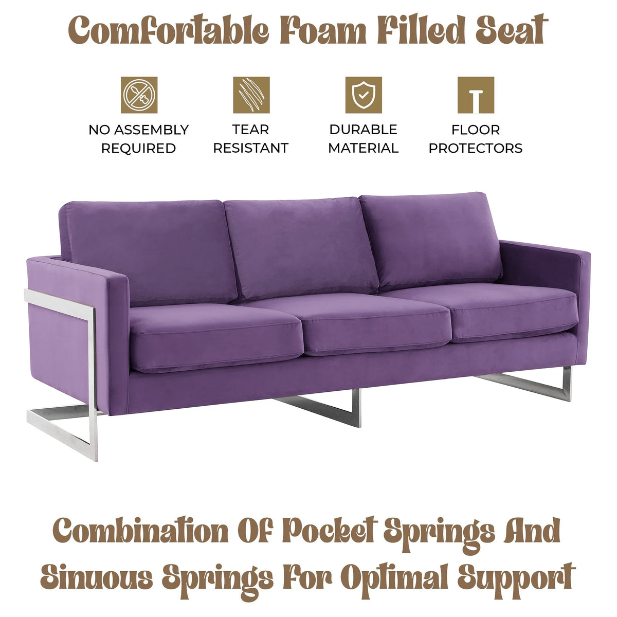 Lincoln 3-Seater Sofa Upholstered in Velvet Fabric with Chrome Stainless Steel Frame - Elax Furniture