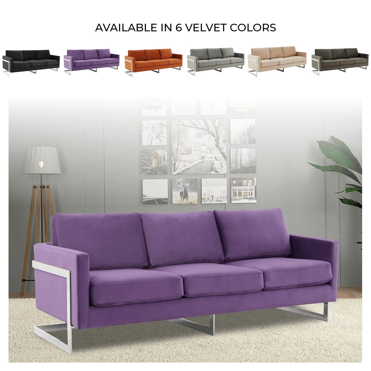 Lincoln 3-Seater Sofa Upholstered in Velvet Fabric with Chrome Stainless Steel Frame - Elax Furniture