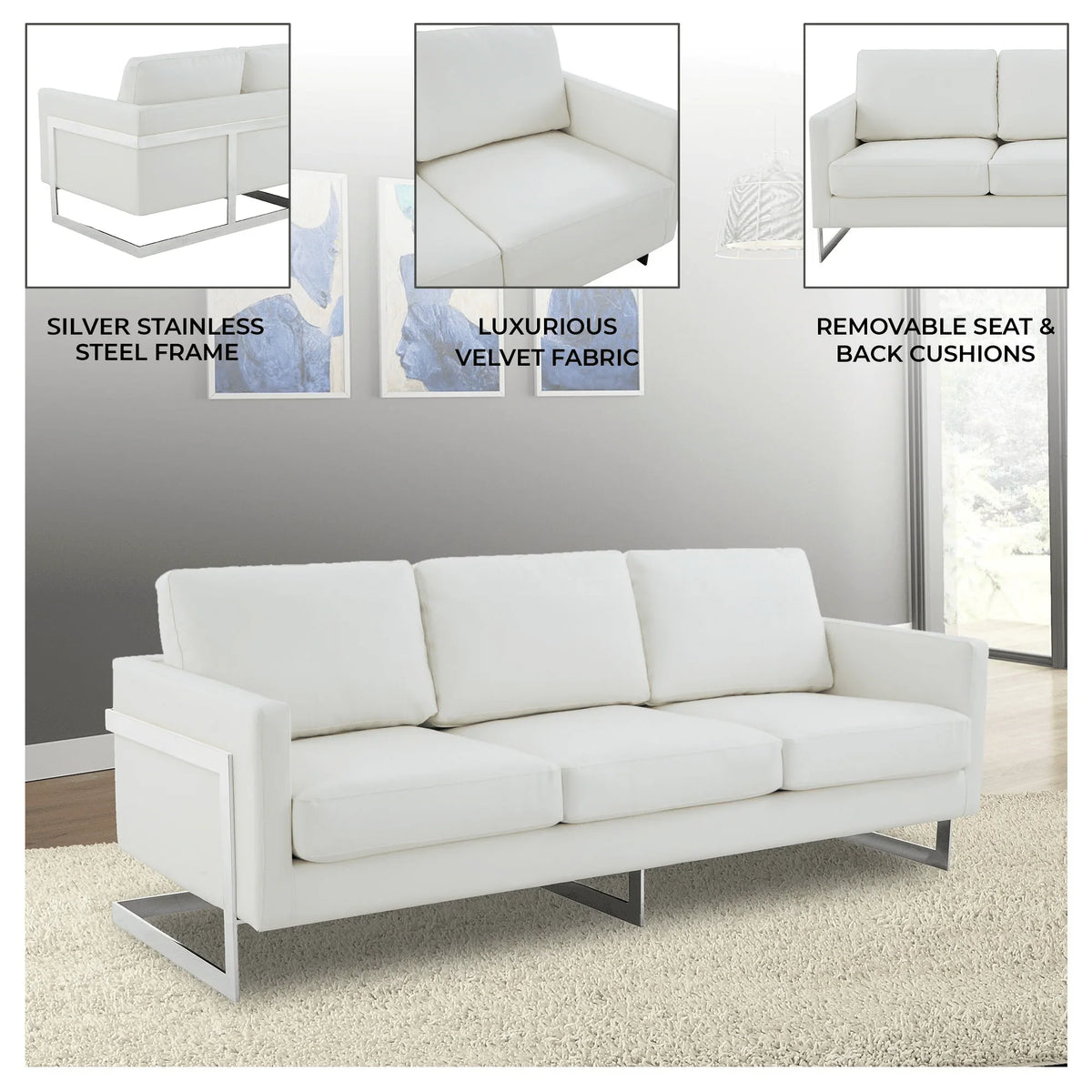 Lincoln 3-Seater Sofa Upholstered in Leather with Chrome Stainless Steel Frame - Elax Furniture