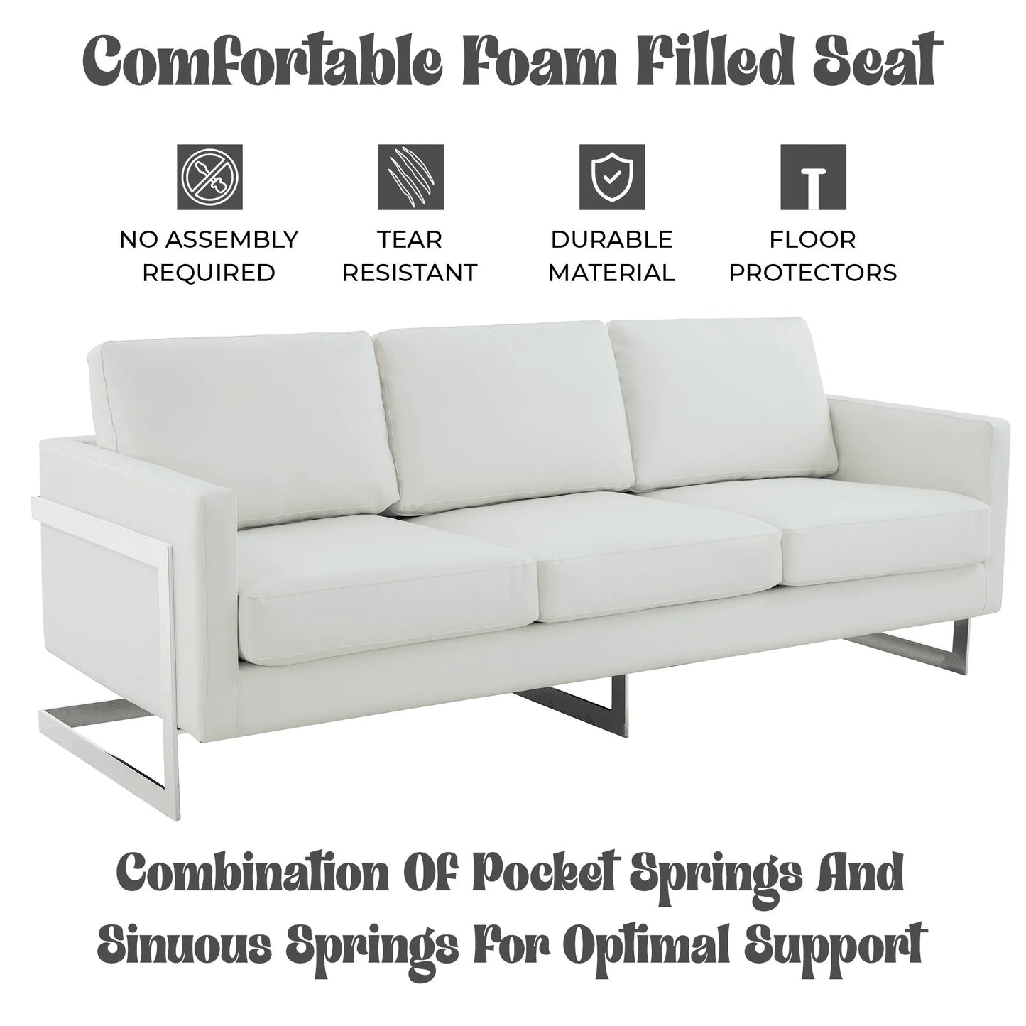 Lincoln 3-Seater Sofa Upholstered in Leather with Chrome Stainless Steel Frame - Elax Furniture