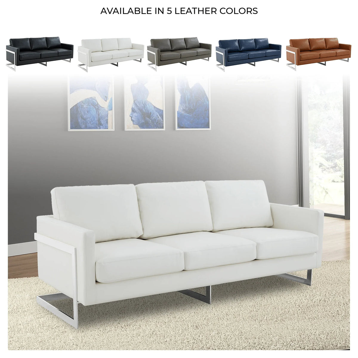 Lincoln 3-Seater Sofa Upholstered in Leather with Chrome Stainless Steel Frame - Elax Furniture