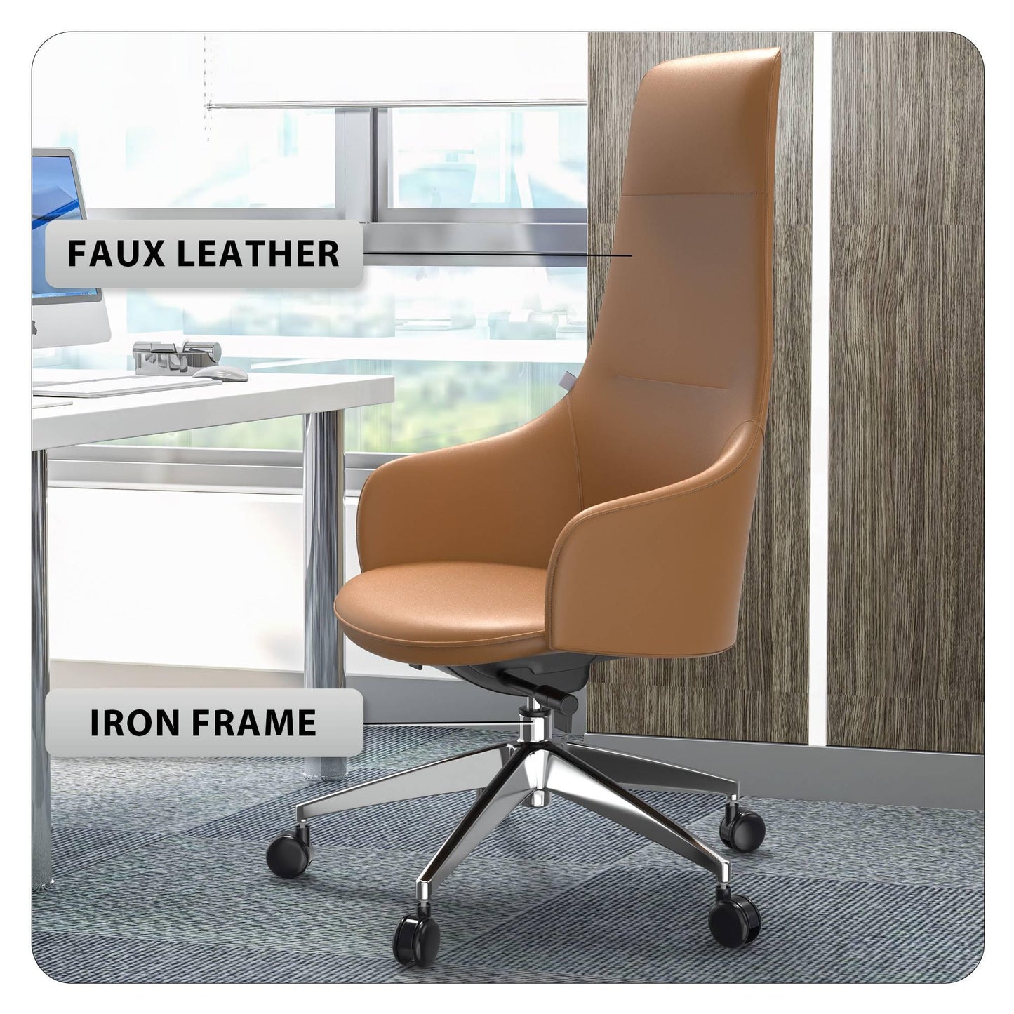 Celeste High-Back Office Chair in Upholstered Leather and Iron Base with Swivel and Tilt - Elax Furniture