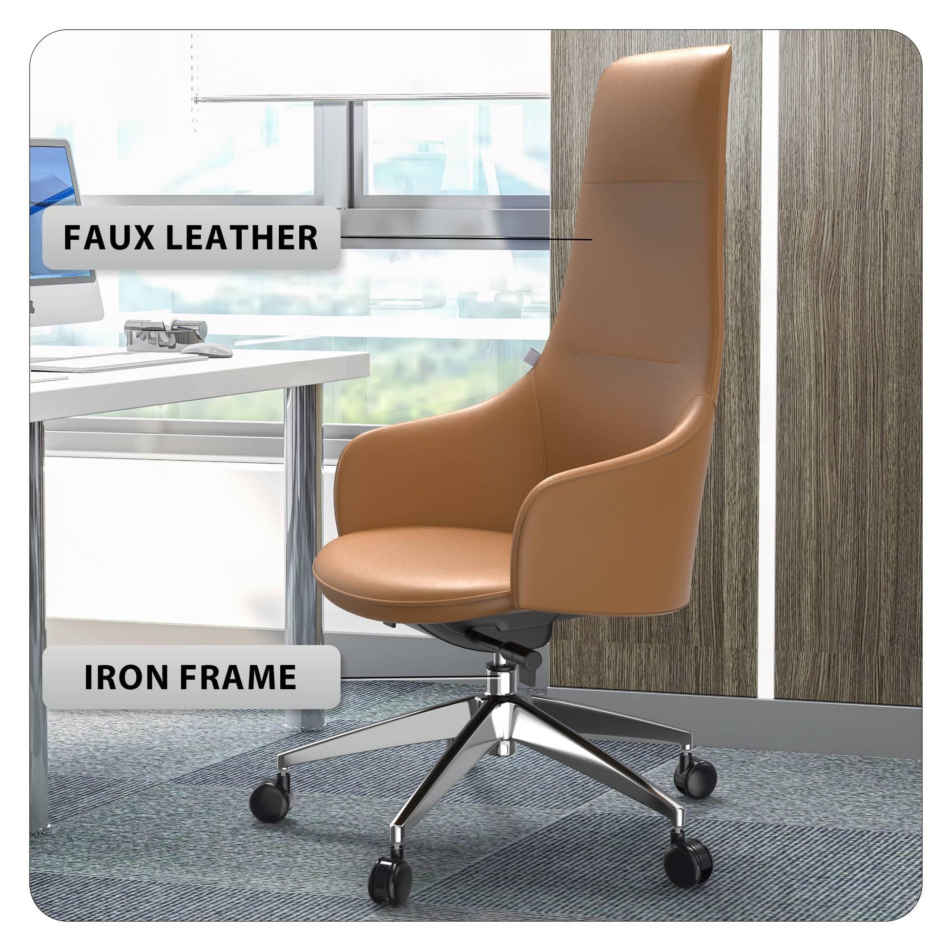 Celeste High-Back Office Chair in Upholstered Leather and Iron Base with Swivel and Tilt - Elax Furniture