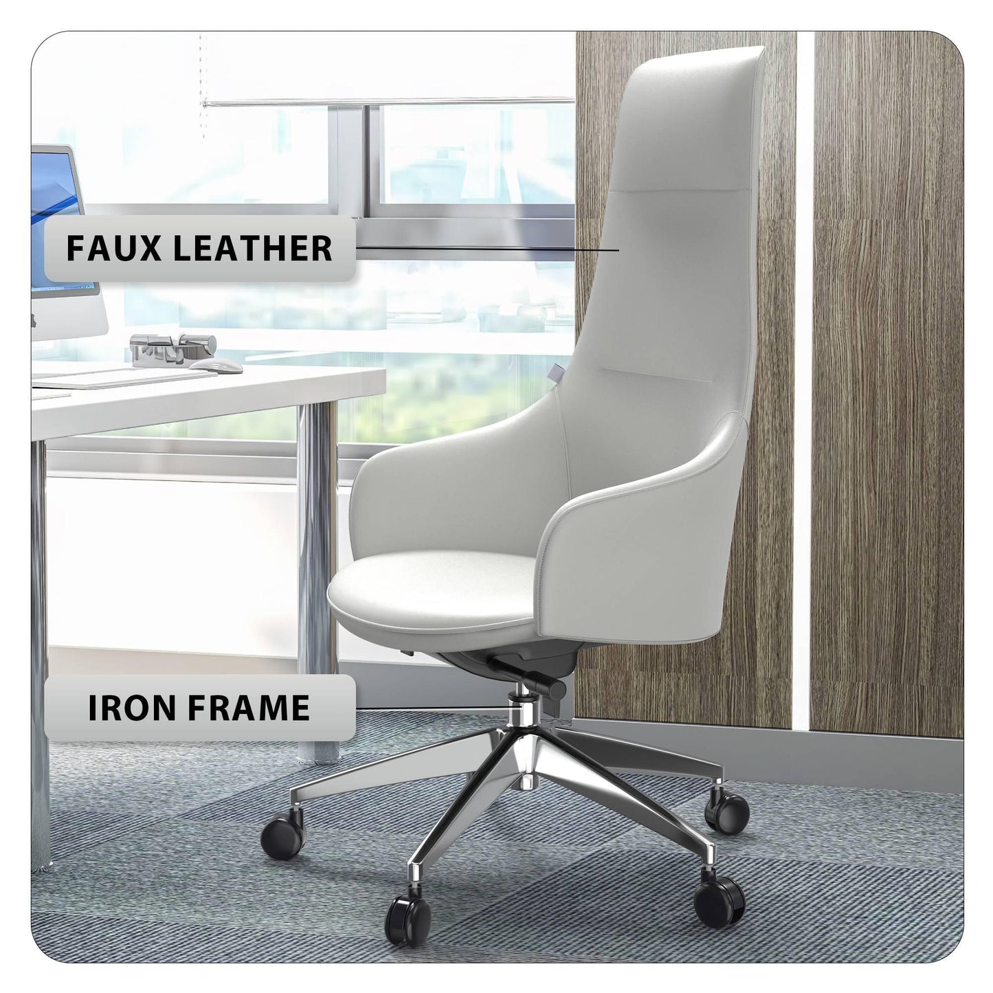 Celeste High-Back Office Chair in Upholstered Leather and Iron Base with Swivel and Tilt - Elax Furniture