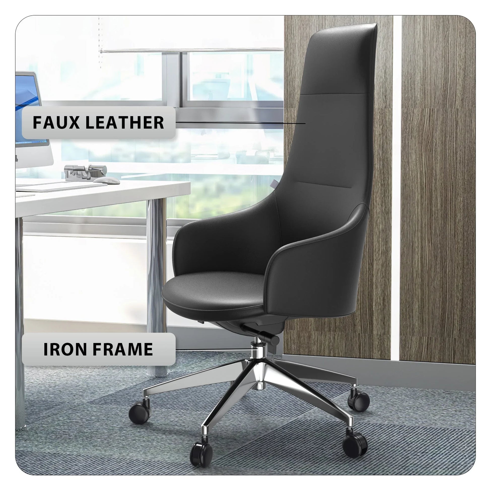 Celeste High-Back Office Chair in Upholstered Leather and Iron Base with Swivel and Tilt - Elax Furniture