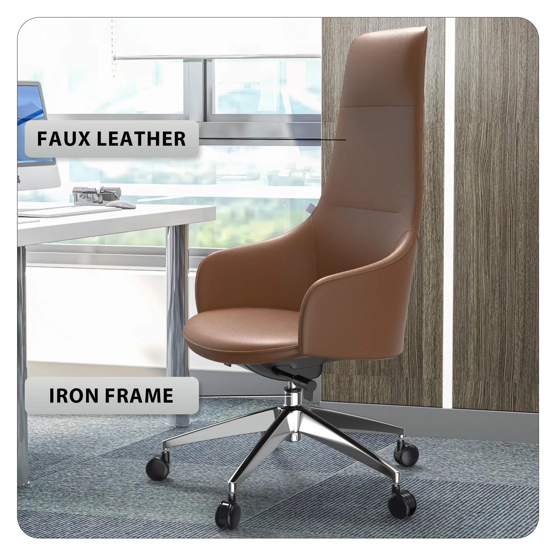 Celeste High-Back Office Chair in Upholstered Leather and Iron Base with Swivel and Tilt - Elax Furniture