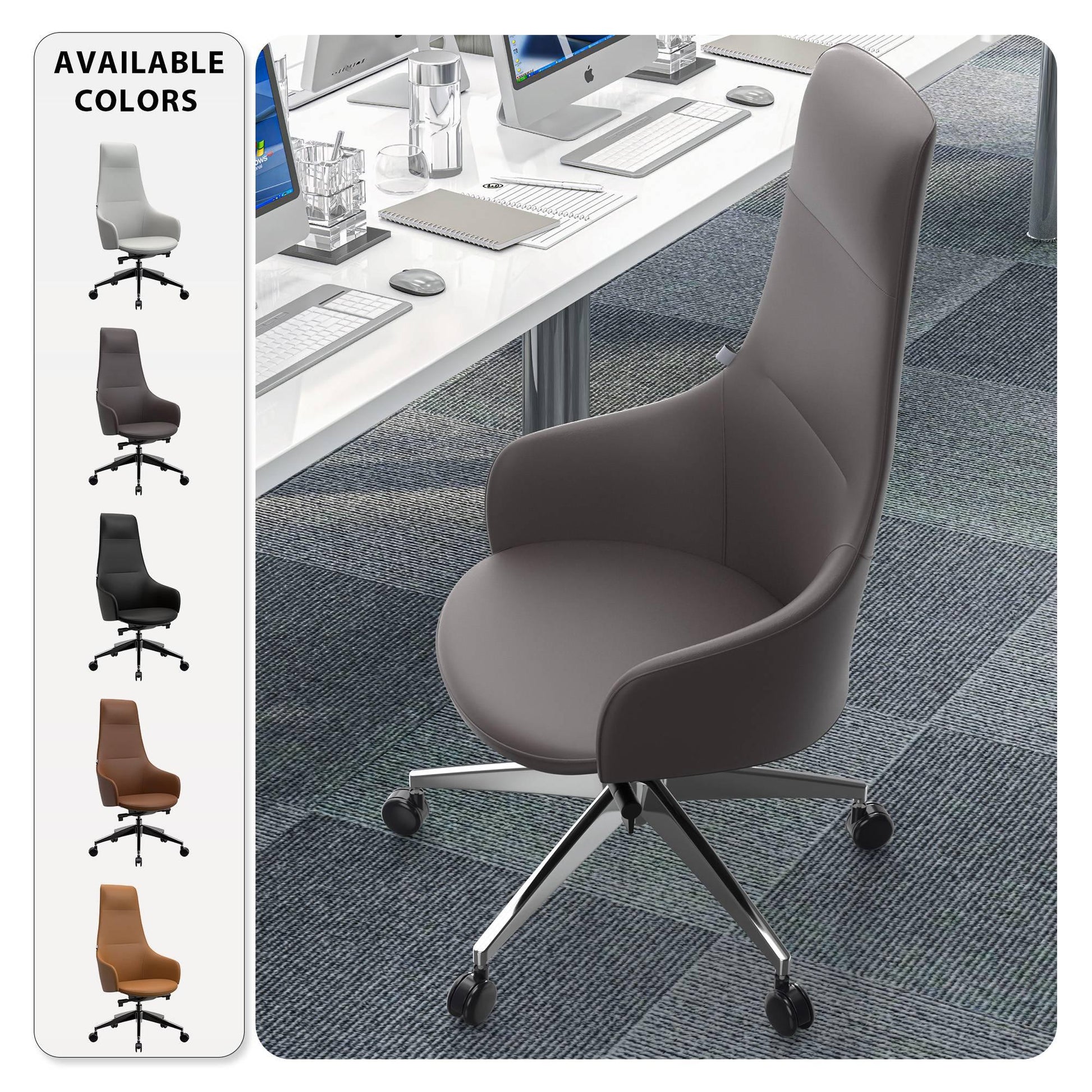 Celeste High-Back Office Chair in Upholstered Leather and Iron Base with Swivel and Tilt - Elax Furniture
