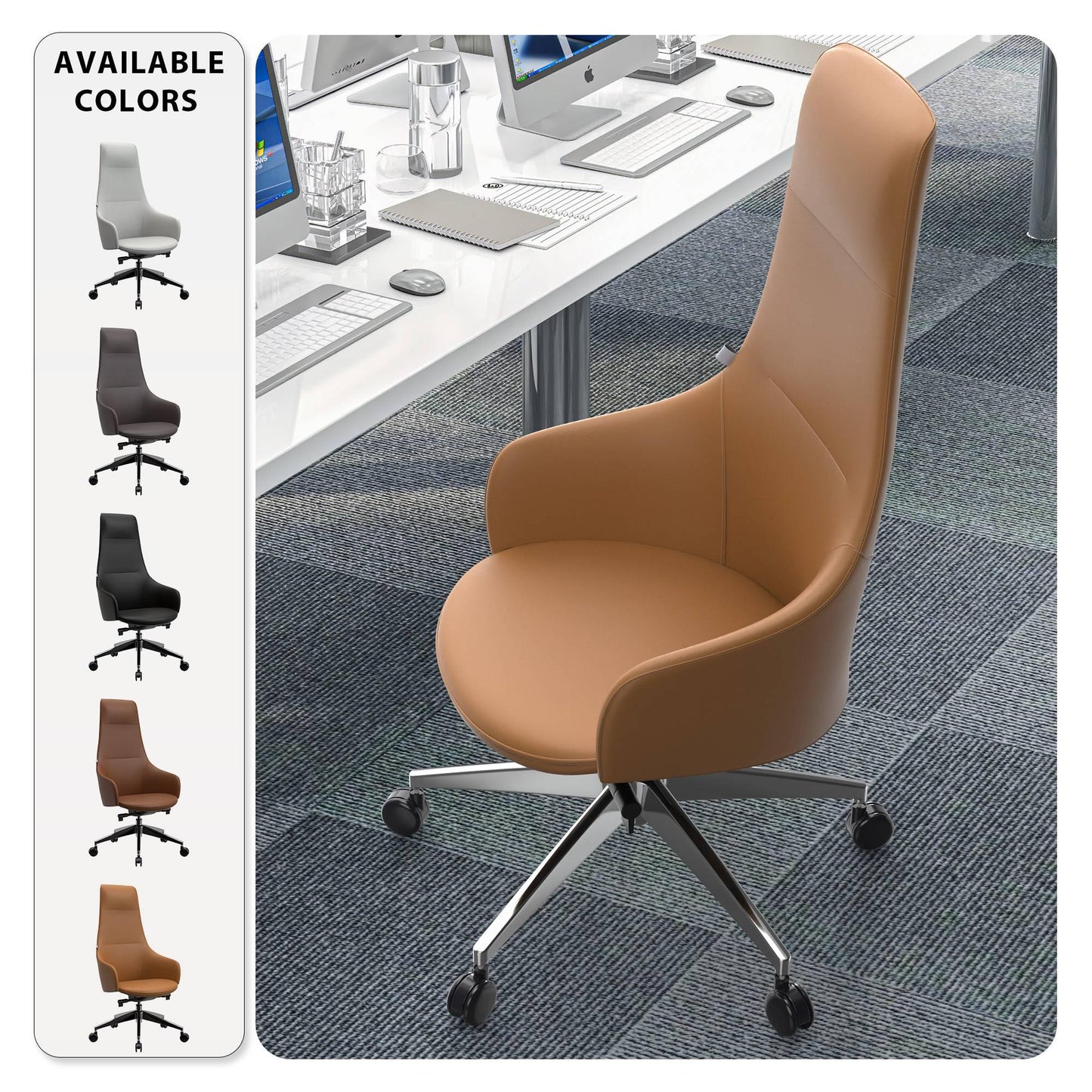 Celeste High-Back Office Chair in Upholstered Leather and Iron Base with Swivel and Tilt - Elax Furniture