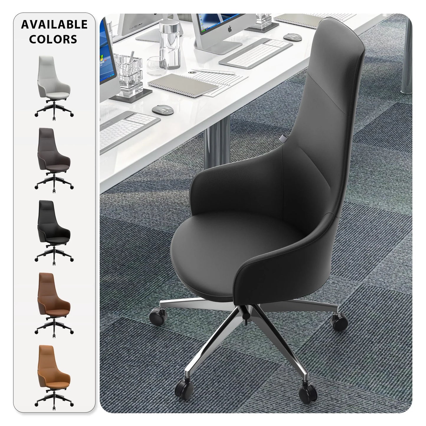 Celeste High-Back Office Chair in Upholstered Leather and Iron Base with Swivel and Tilt - Elax Furniture