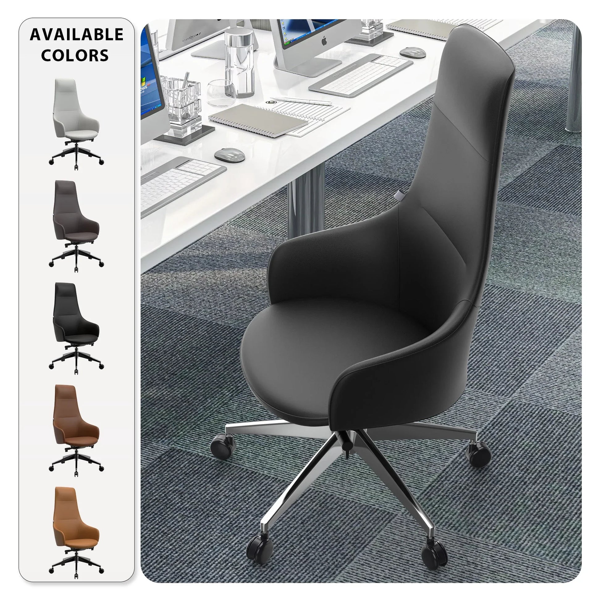 Celeste High-Back Office Chair in Upholstered Leather and Iron Base with Swivel and Tilt - Elax Furniture