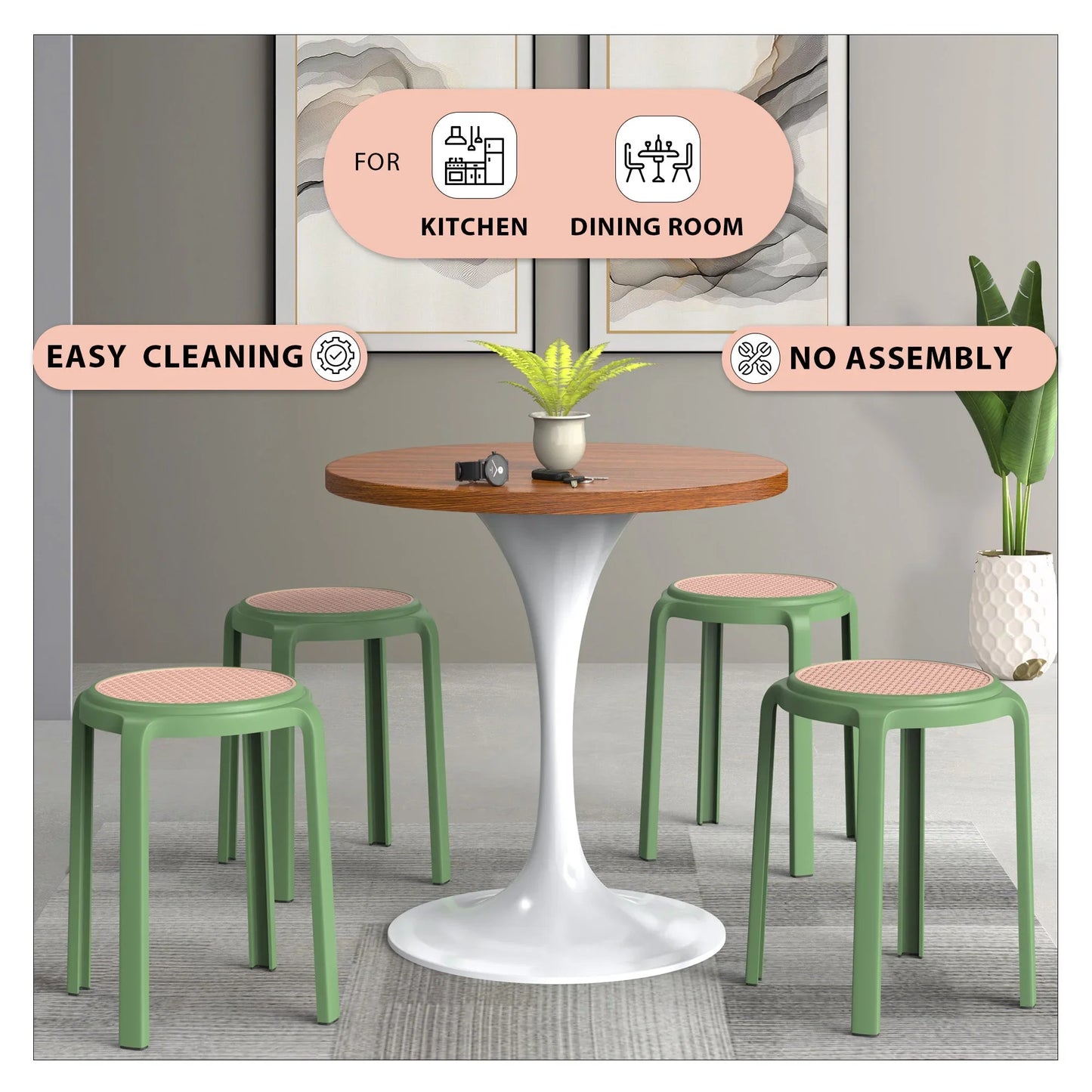 Tresse Mid-Century Modern Stackable Round Plastic Dining Stool for Kitchen and Dining Room - Elax Furniture