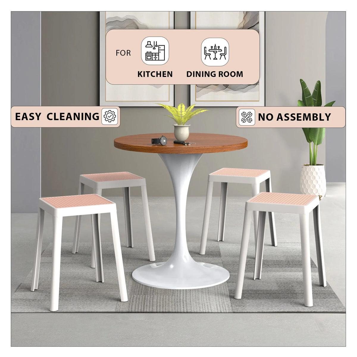 Tresse Mid-Century Modern Stackable Square Plastic Dining Stool with Wicker Top - Elax Furniture