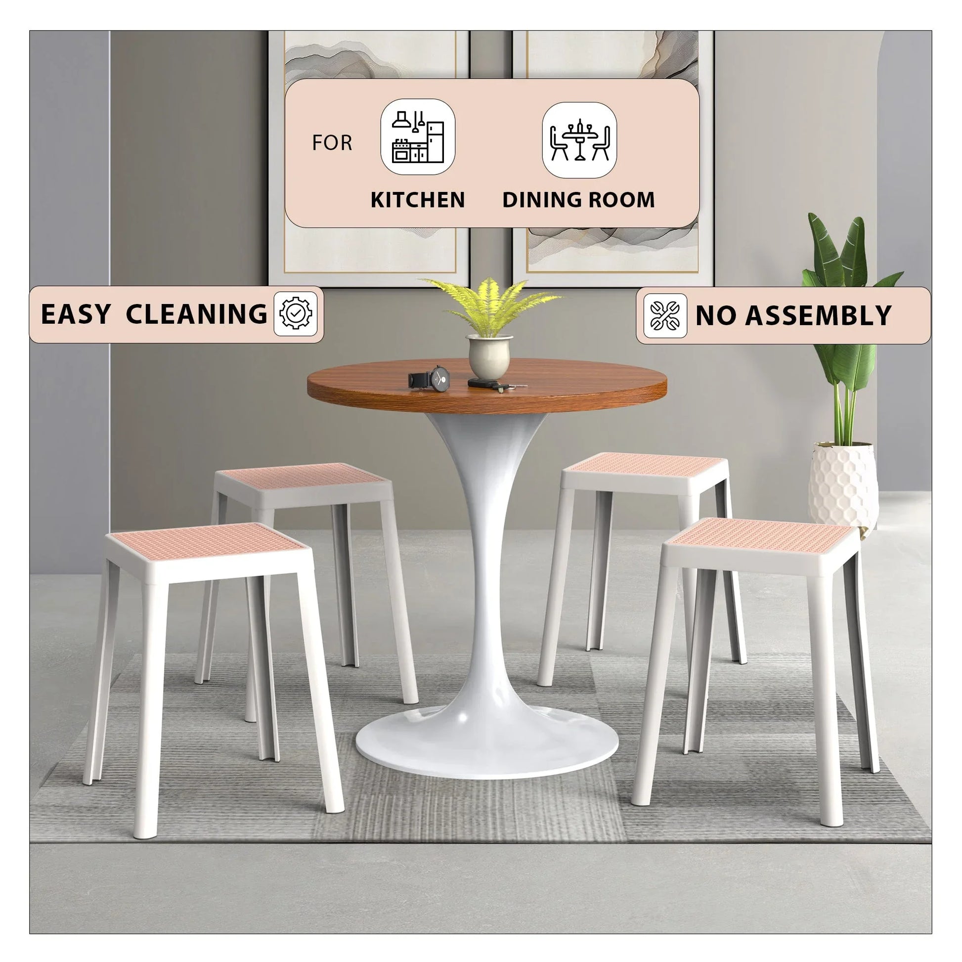 Tresse Mid-Century Modern Stackable Square Plastic Dining Stool with Wicker Top - Elax Furniture