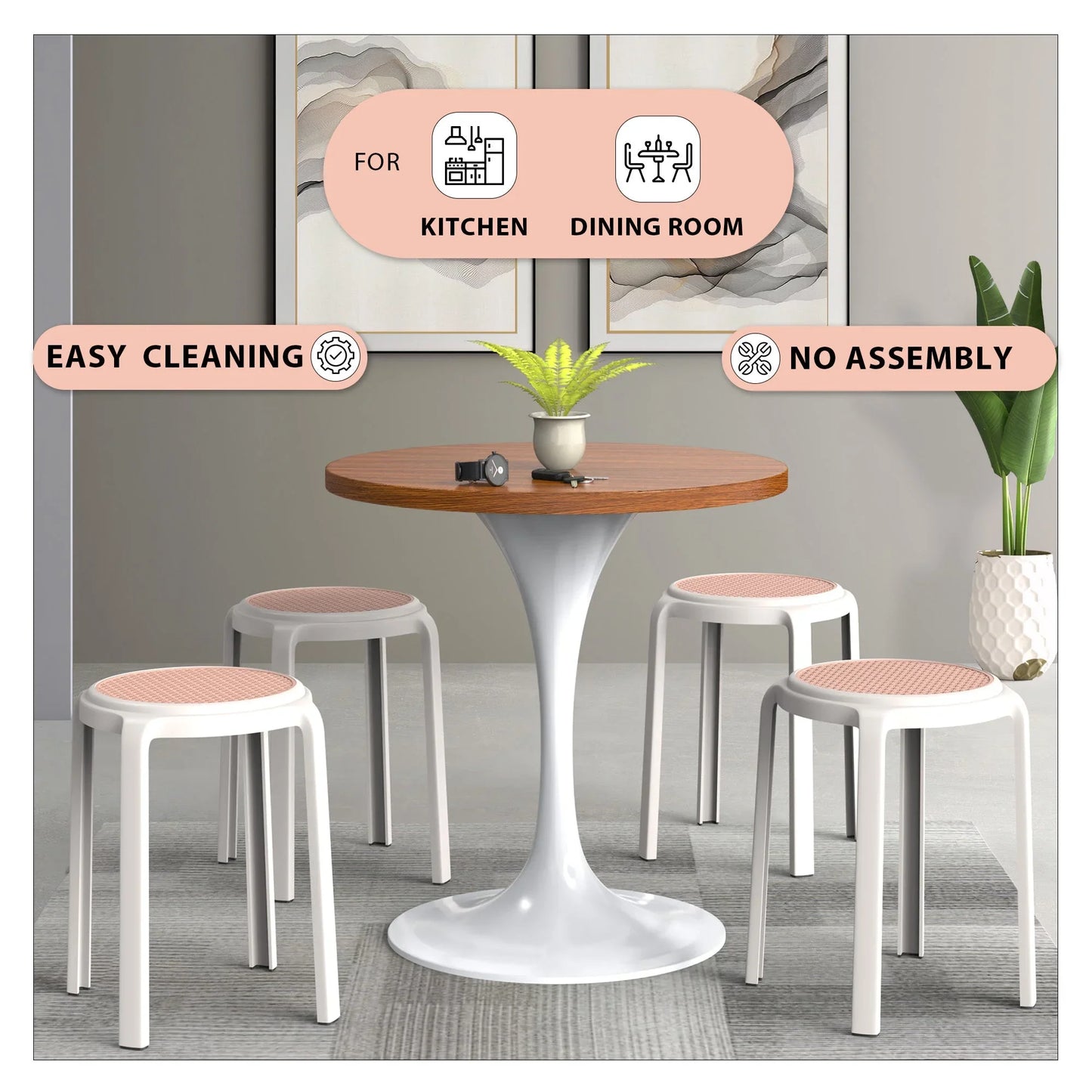 Tresse Mid-Century Modern Stackable Round Plastic Dining Stool for Kitchen and Dining Room - Elax Furniture