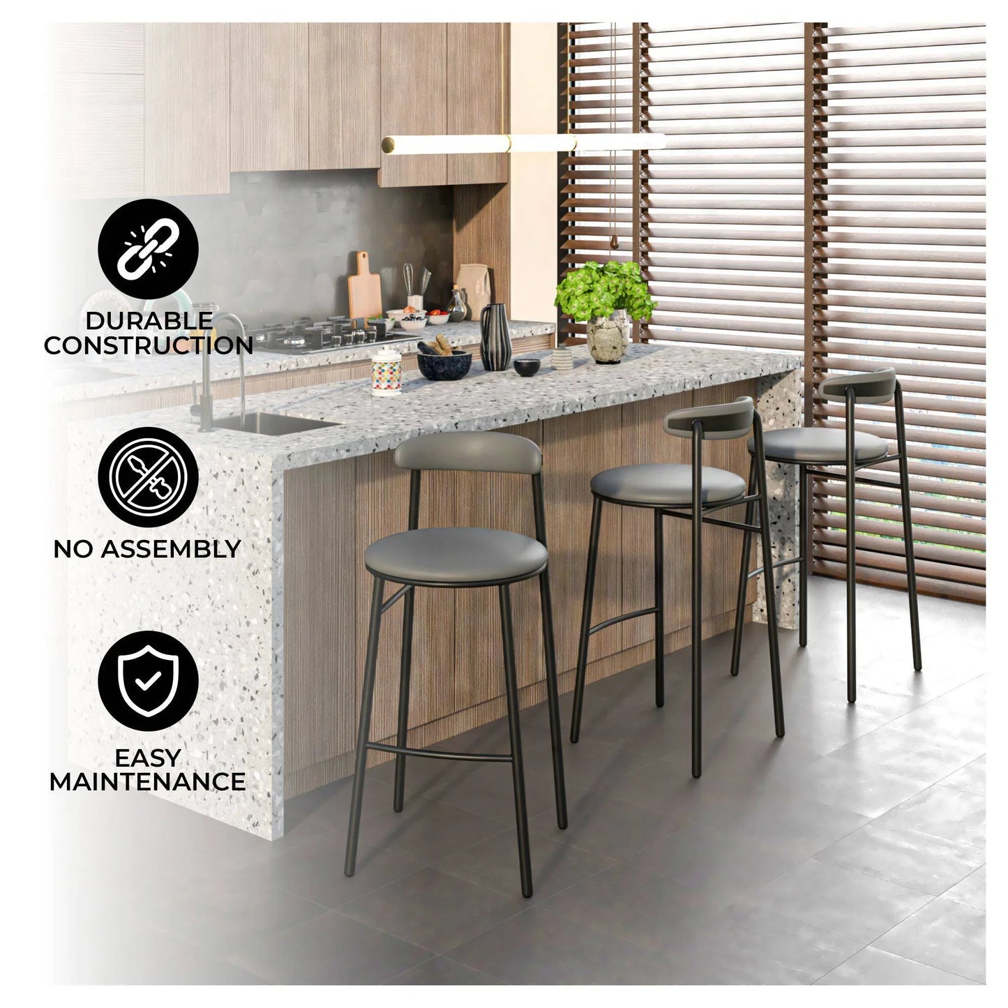 Lume Series Modern Bar Stool Upholstered in Leather for Dining Room and Kitchen - Elax Furniture