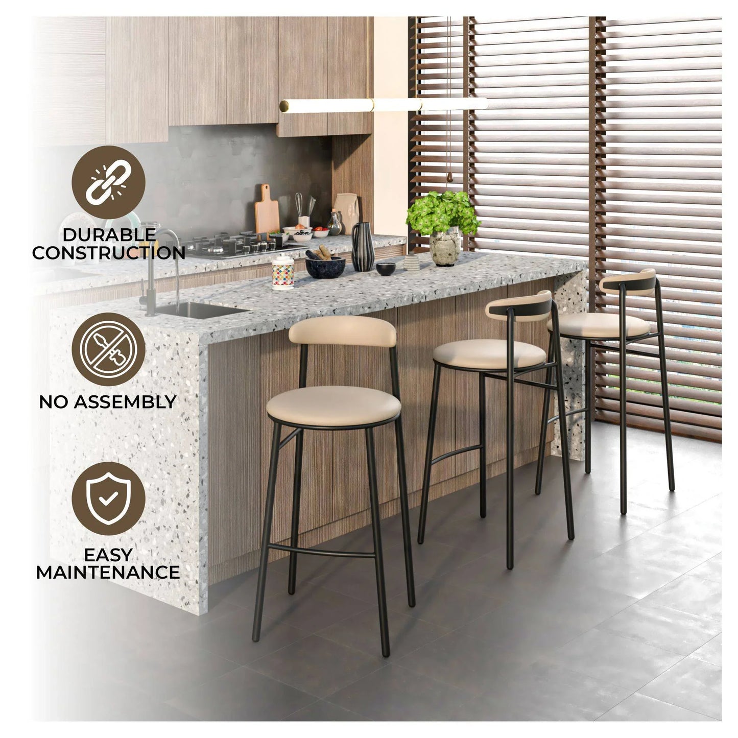 Lume Series Modern Bar Stool Upholstered in Leather for Dining Room and Kitchen - Elax Furniture