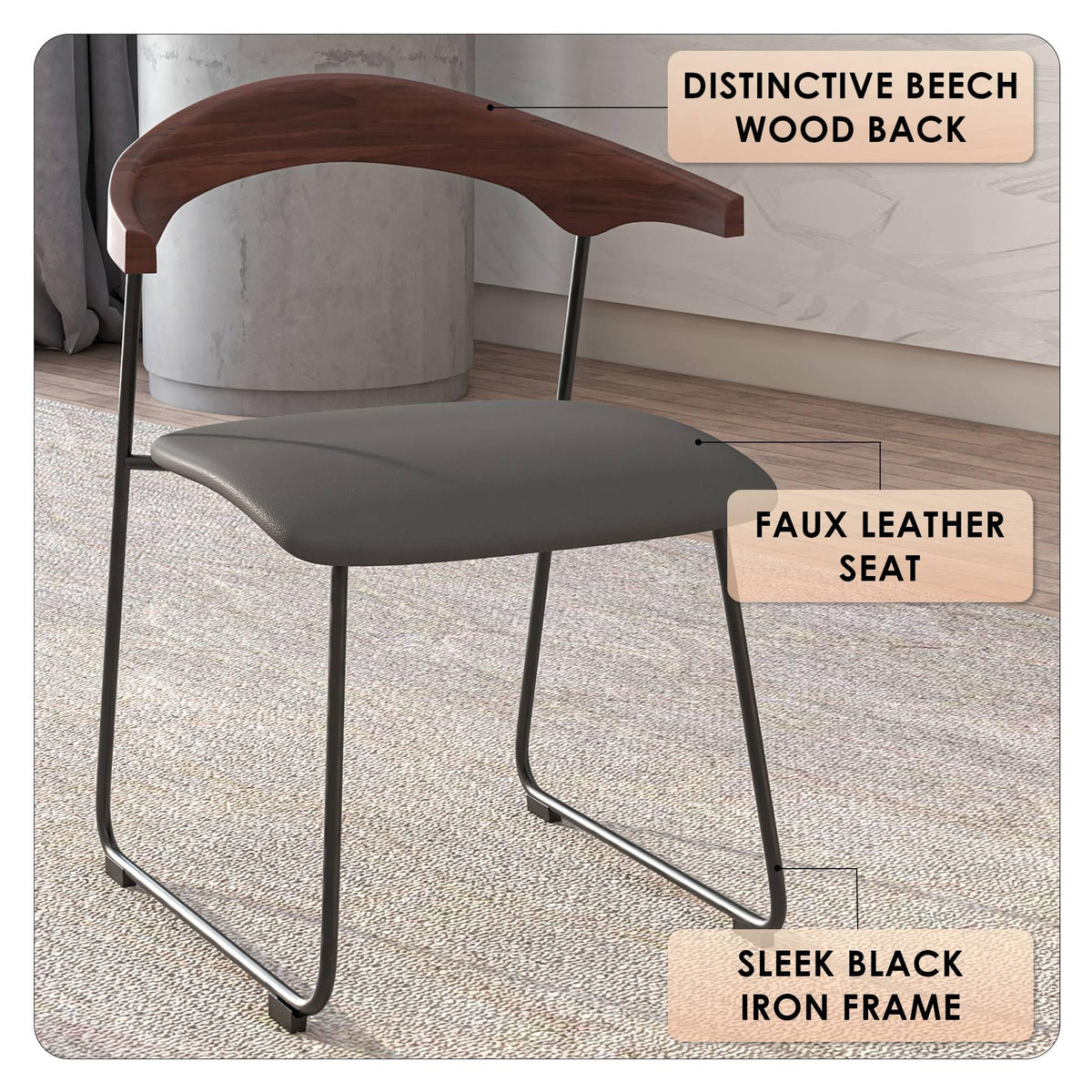 Lyra Leather Dining Chair with a Beech Wood Curved Back and Iron Legs - Elax Furniture