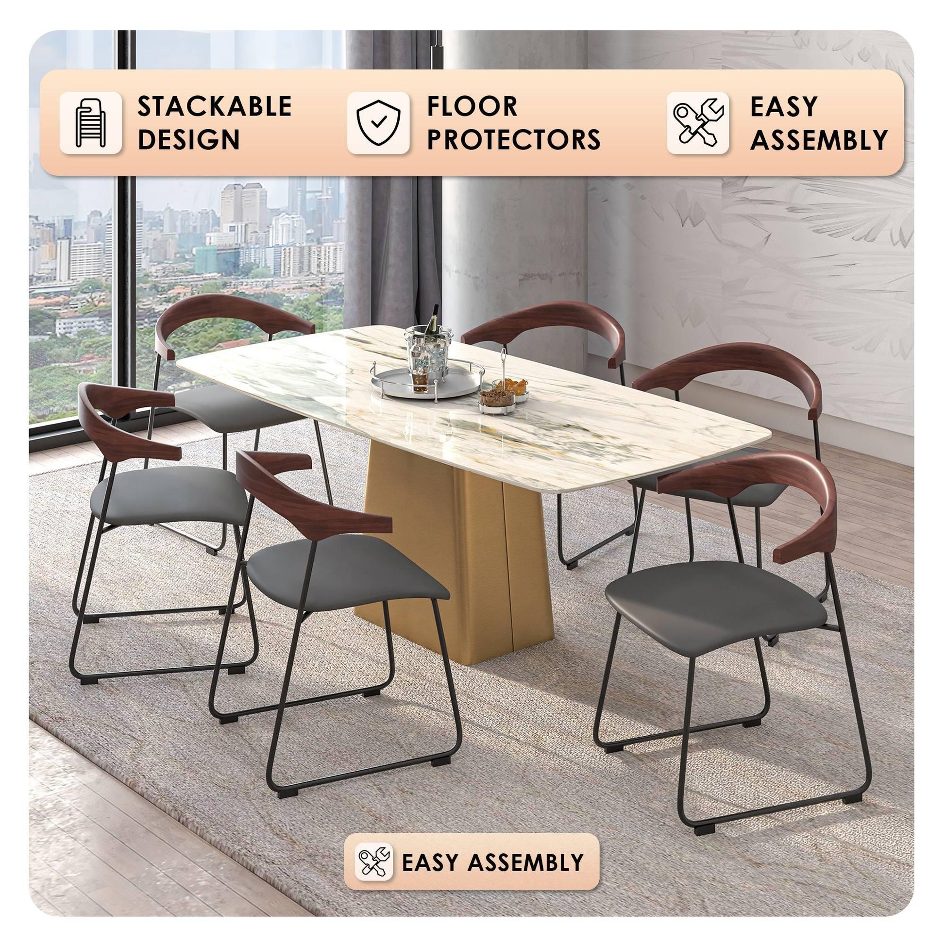 Lyra Leather Dining Chair with a Beech Wood Curved Back and Iron Legs - Elax Furniture